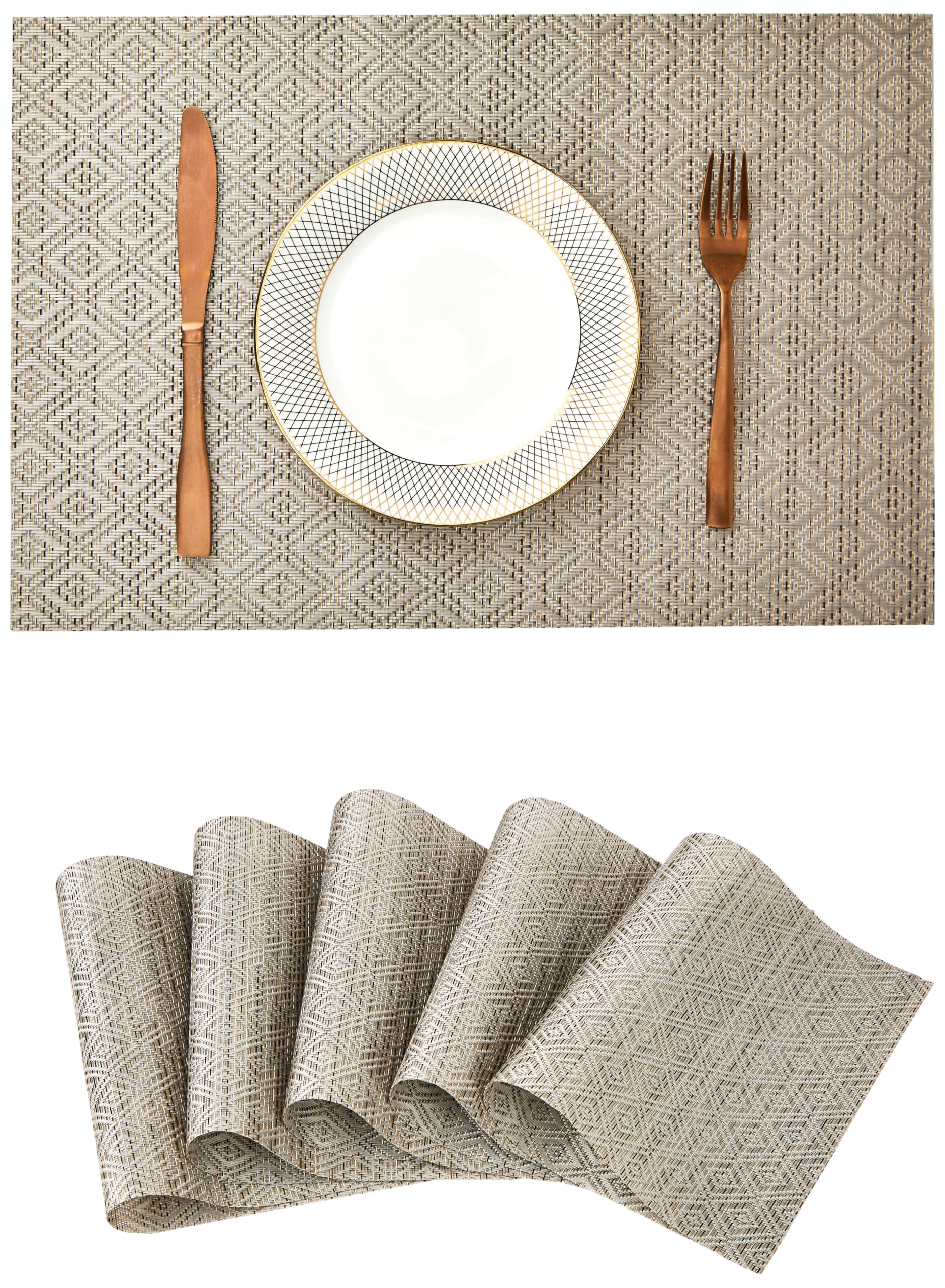 Amazon Brand - Solimo PVC Dining Table Placemat | Non-Slip Grip | Heat Resistant (Set of 6, Steel Grey)