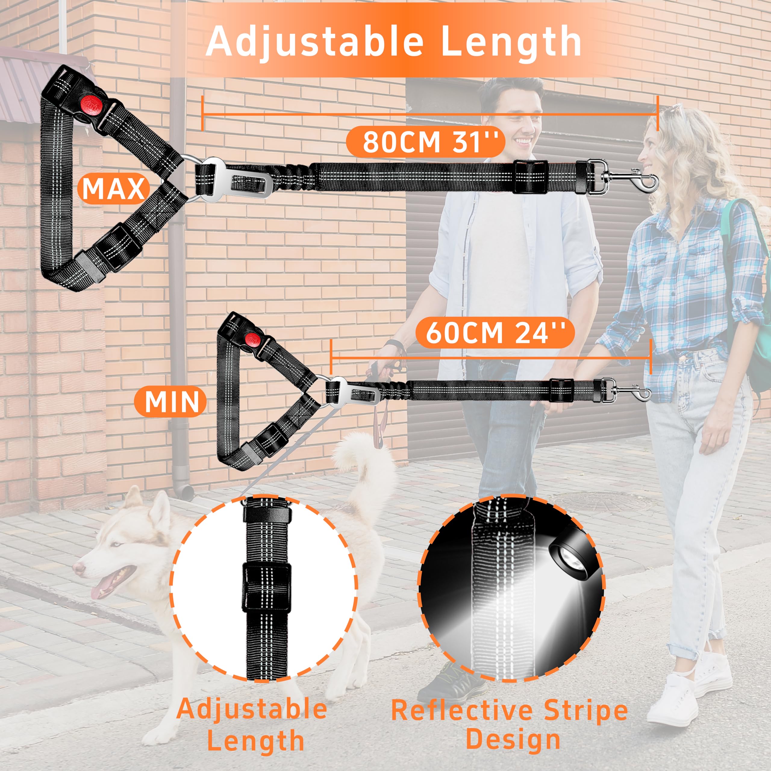 Dog Car Seat Belt Set - 3 Piece Retractable Harness, Adjustable Reflective Seatbelt for Vehicle Headrests, Safety Restraint, Heavy Duty & High Elastics, Black - image 6