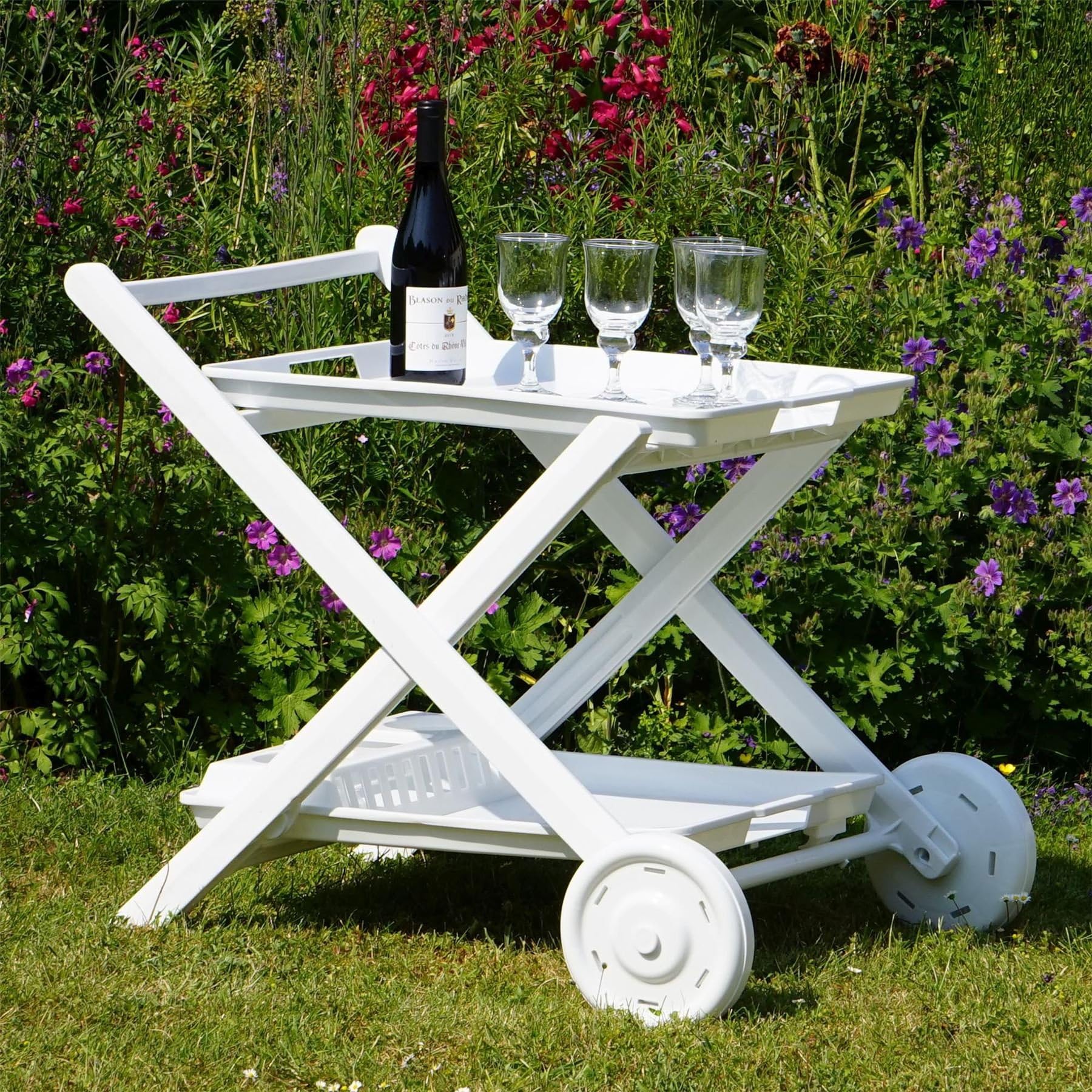 Resol Roses Folding Plastic Poolside Garden Drinks Trolley - Heavy Duty 2 Tier Design with Serving Tray - White