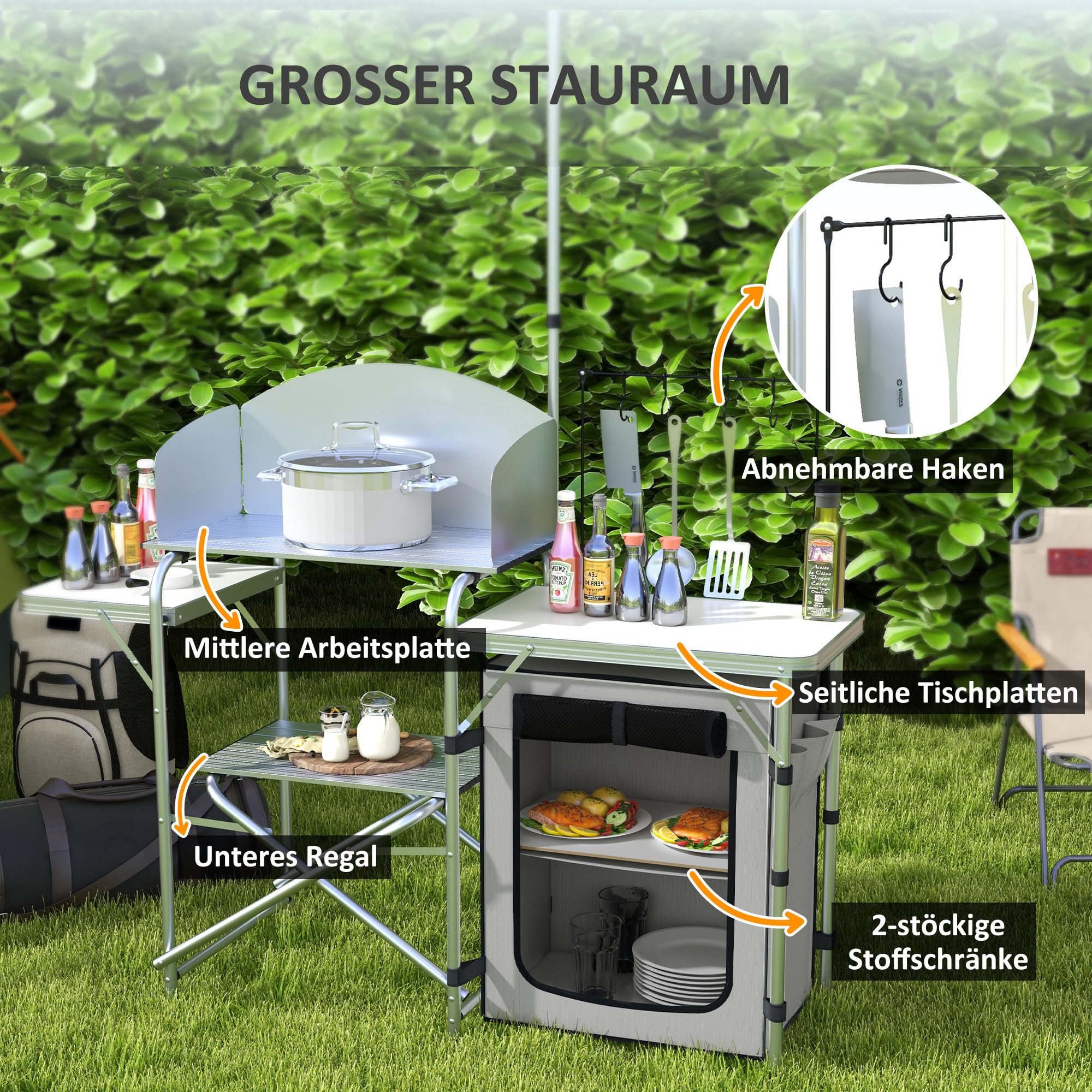 Outsunny Campingküche klappbar, Outdoor Küche mit Windschutz, UV-Schutz, 3 Arbeitsplatten, Schränkfach, Lichtständer, Aluminium, für Garten Camping, Silber