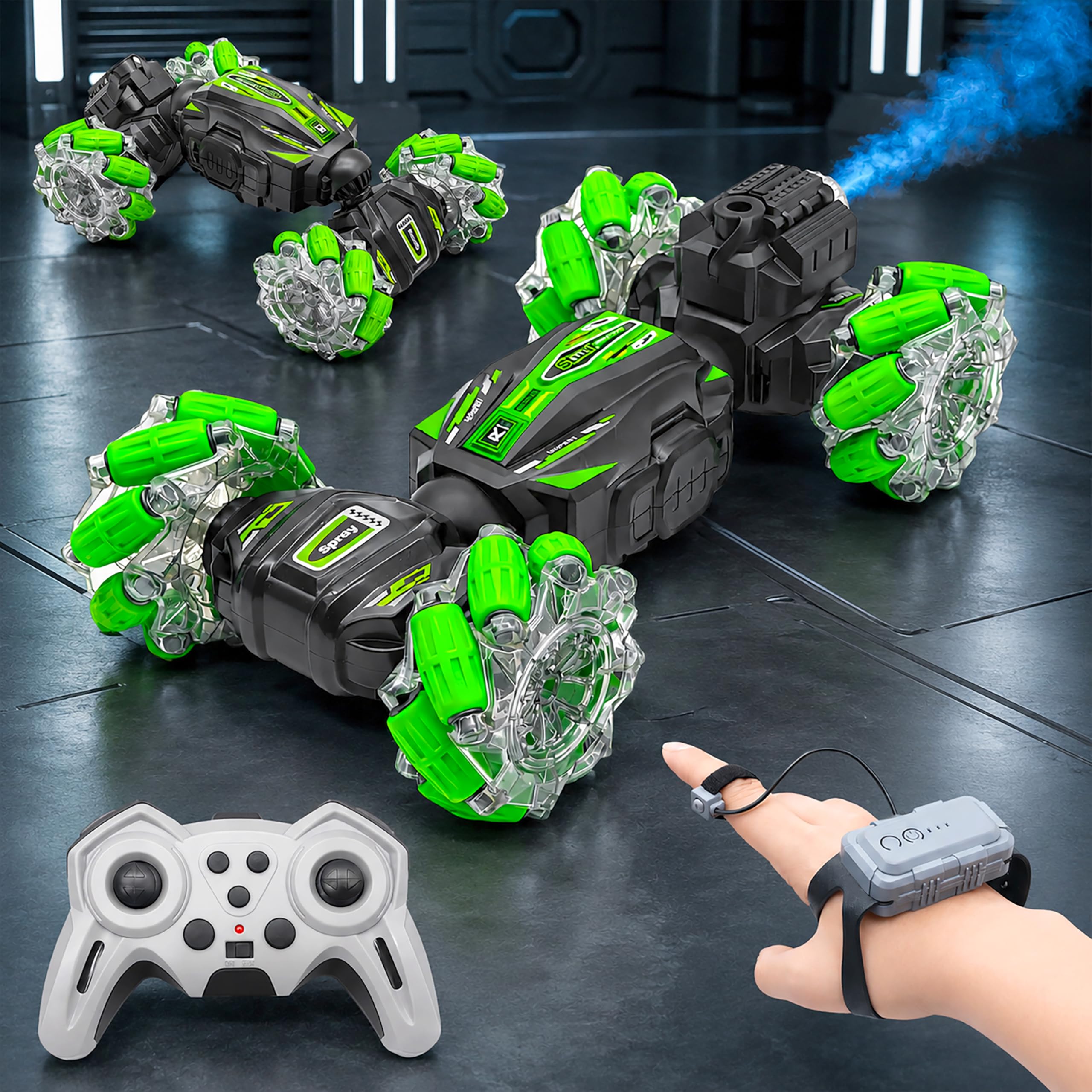 VGRASSP Dual Control Twisting Drift Stunt Mist Car Toy for Kids with Remote Control and Gesture Wrist Controller - Rechargeable 360° Rotating Smoke RC Car Toy with LED Lights, Sound Effects - Green-image-44