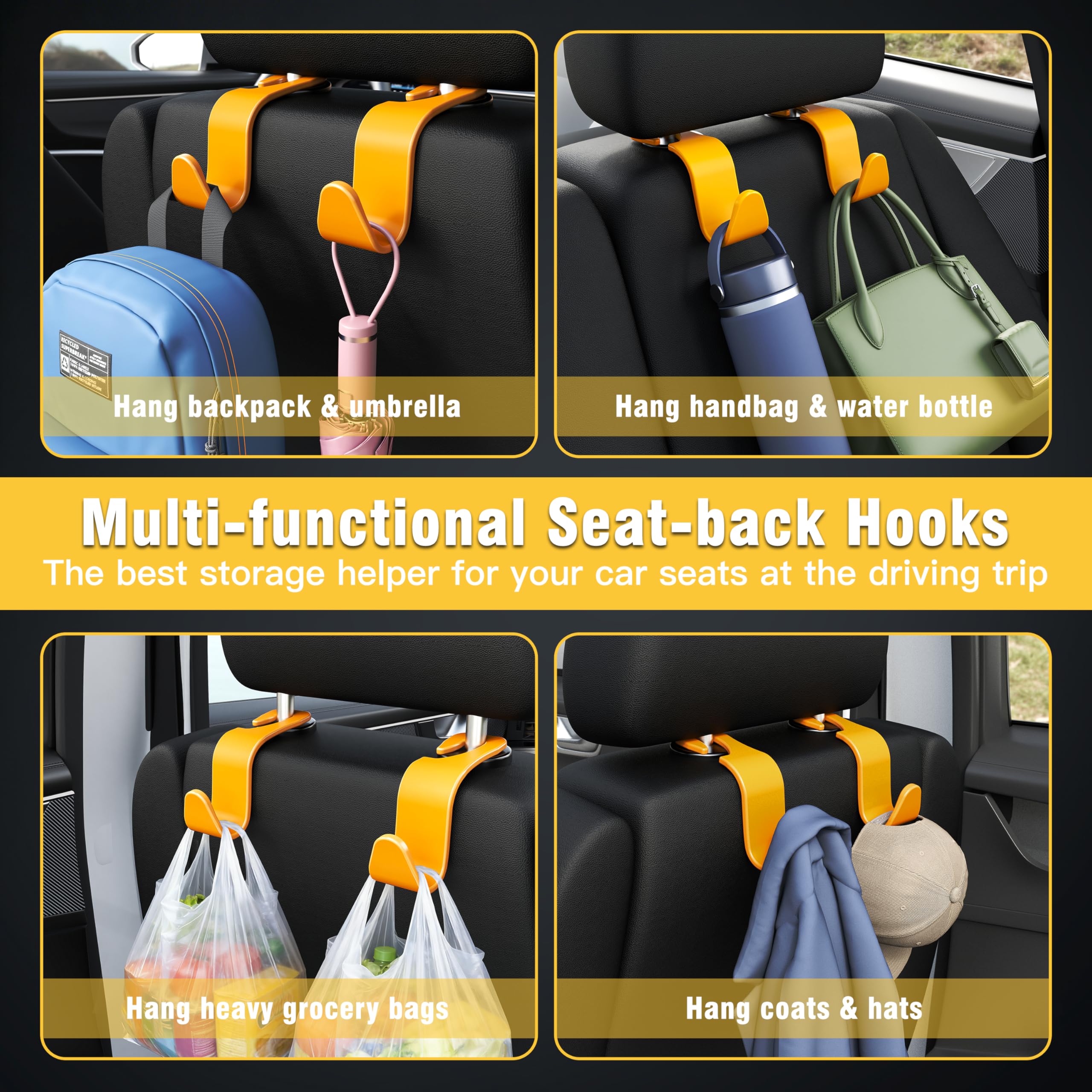 4-Pack Car Headrest Hooks Holds 55lbs Seat Storage Organizer for Bags view 4