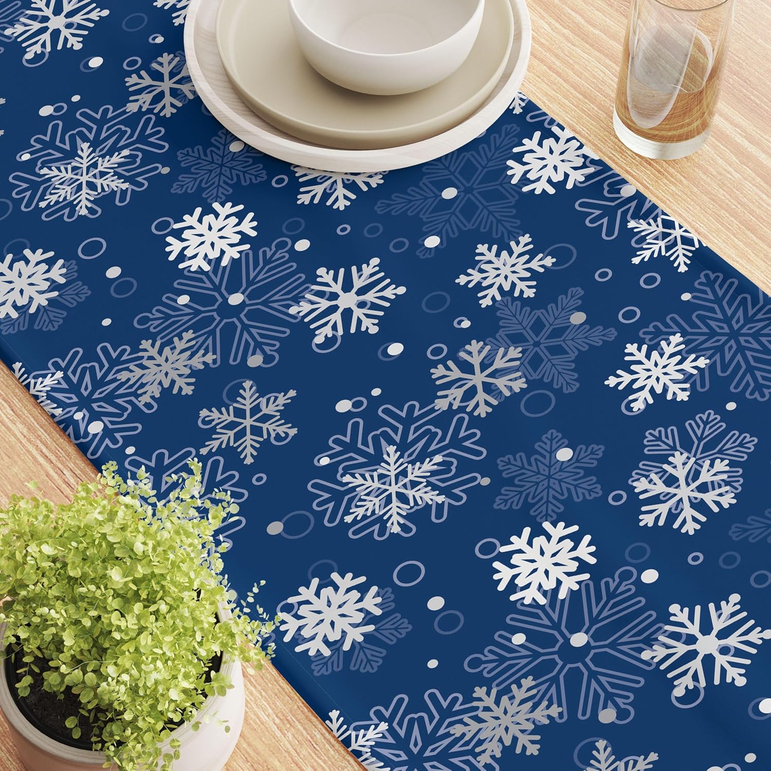 Milliken Table Runner, 100% Polyester, Machine Washable, 14x108, Winter Blue Snowflakes
