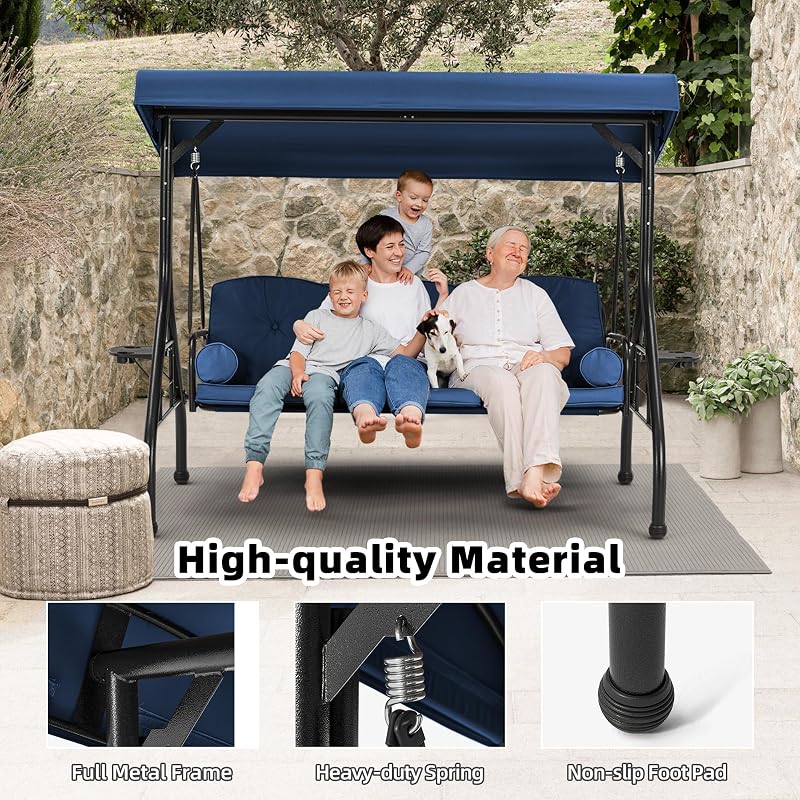HOMREST 3 Seat Porch Swing with Adjustable Canopy, Patio Swing with Stand image 3