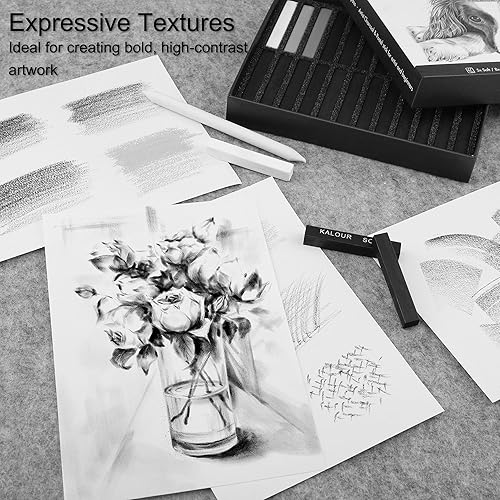 Miniatura 2 de KALOUR Juego de 24 Pro Charcoal Drawing Set, suave, mediano, carbón duro y blanco, palos de carbón para dibujo, bocetos, sombreado, suministros de