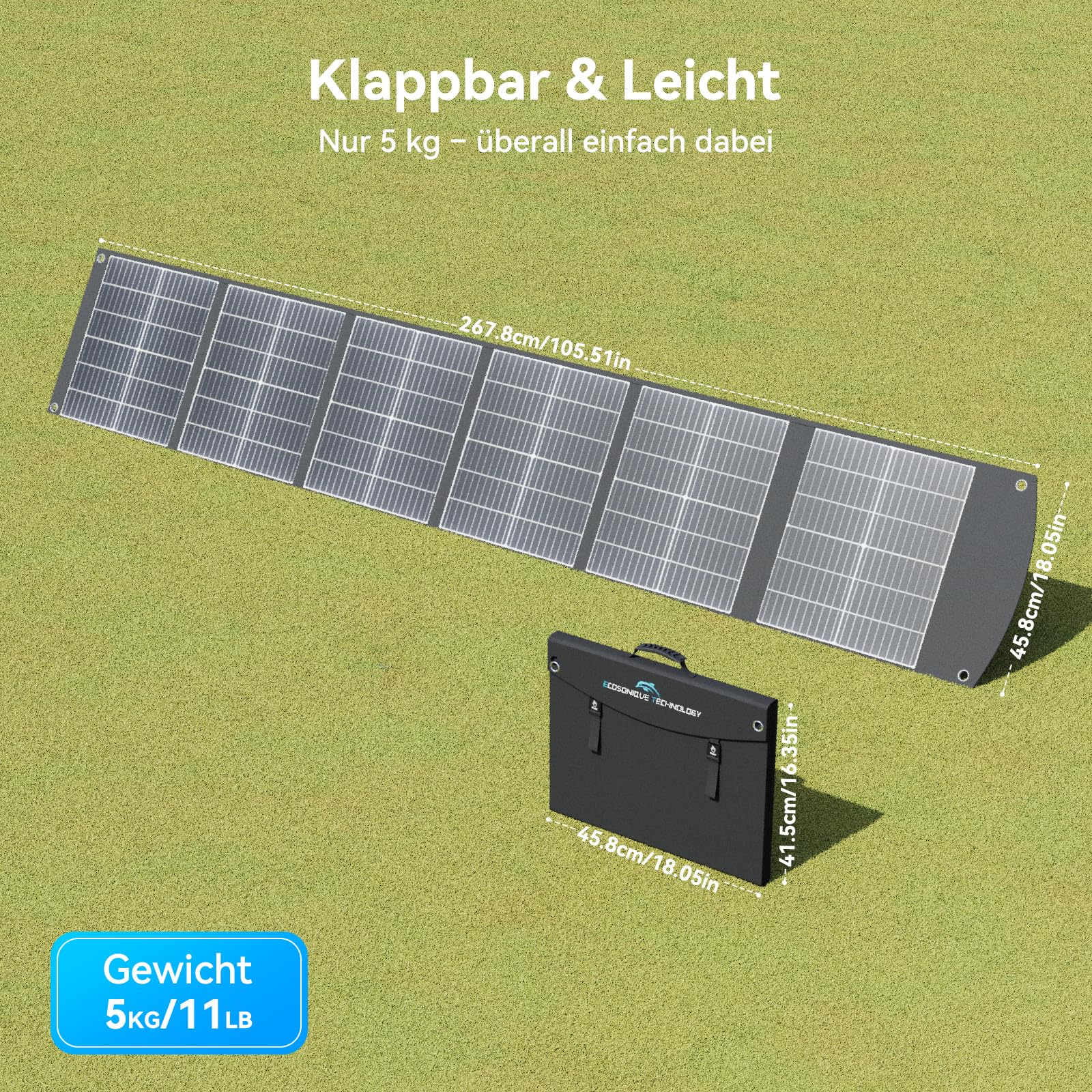 Ecosonique składany panel słoneczny 200 W, monokrystaliczny moduł solarny z USB-C 65 W PD3.0, USB-A QC3.0, szybkie ładowanie, wyjścia MC4, regulowany stojak do stacji zasilania, kamperów i na zewnątrz