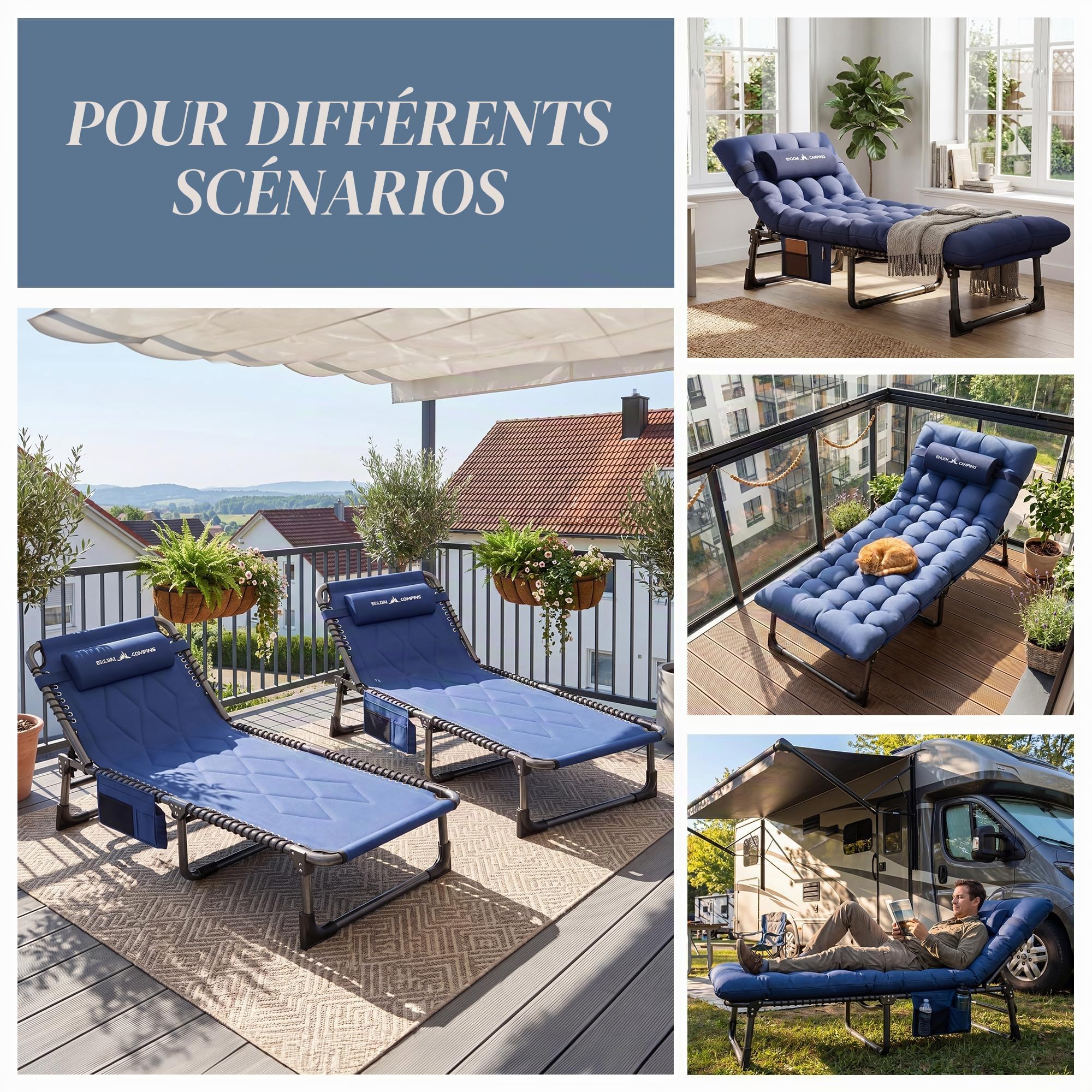 UDPATIO Transat Jardin Extérieur avec Coussin - Bain de Soleil avec Poches Latérales et Appui-tête Adjustable - Chaise Longue Réglable et Pliable (200x69x34 cm) - Bleu