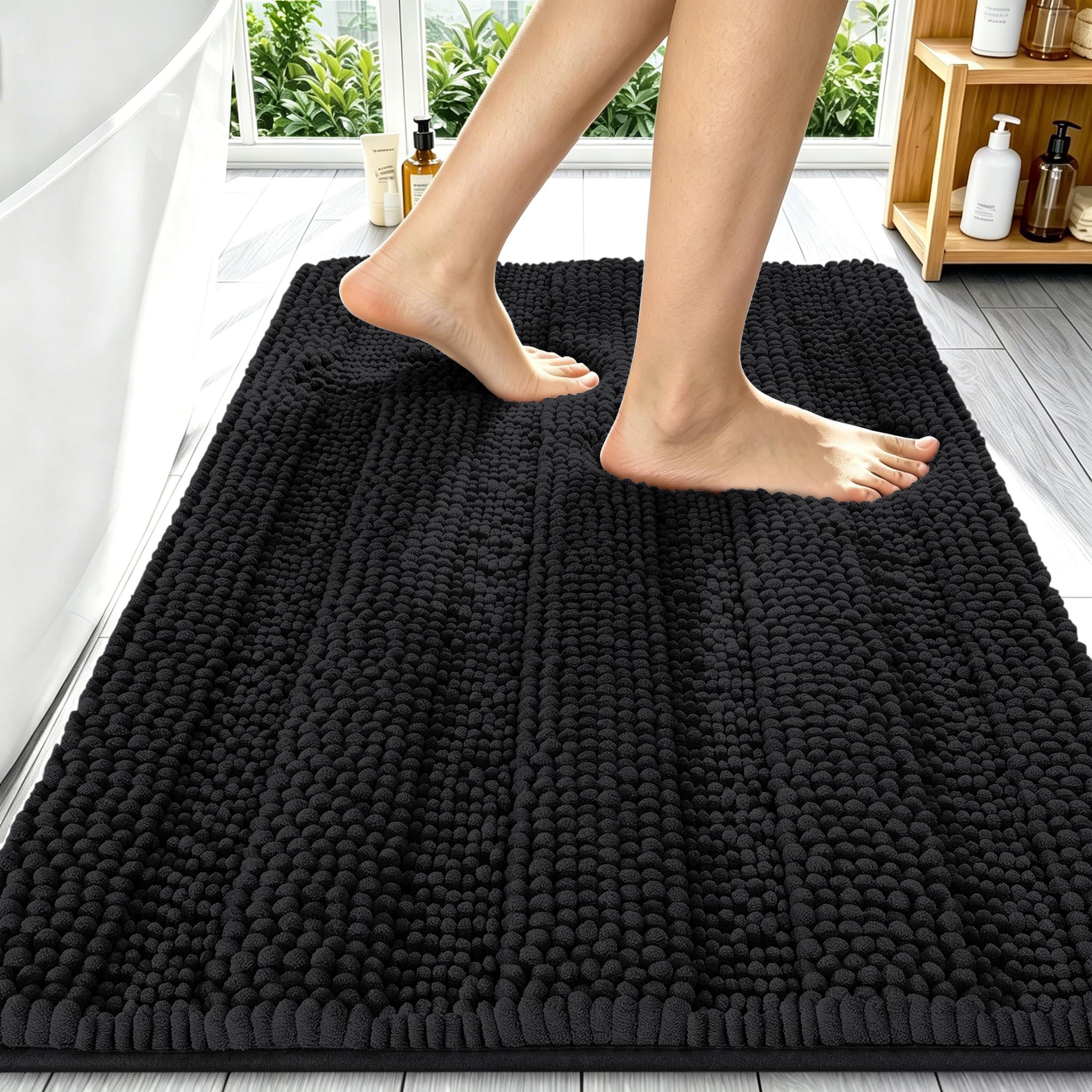 Smiry Thick Chenille Bathroom Runner Rugs 34x21, Absorbent Bath Mat, Black