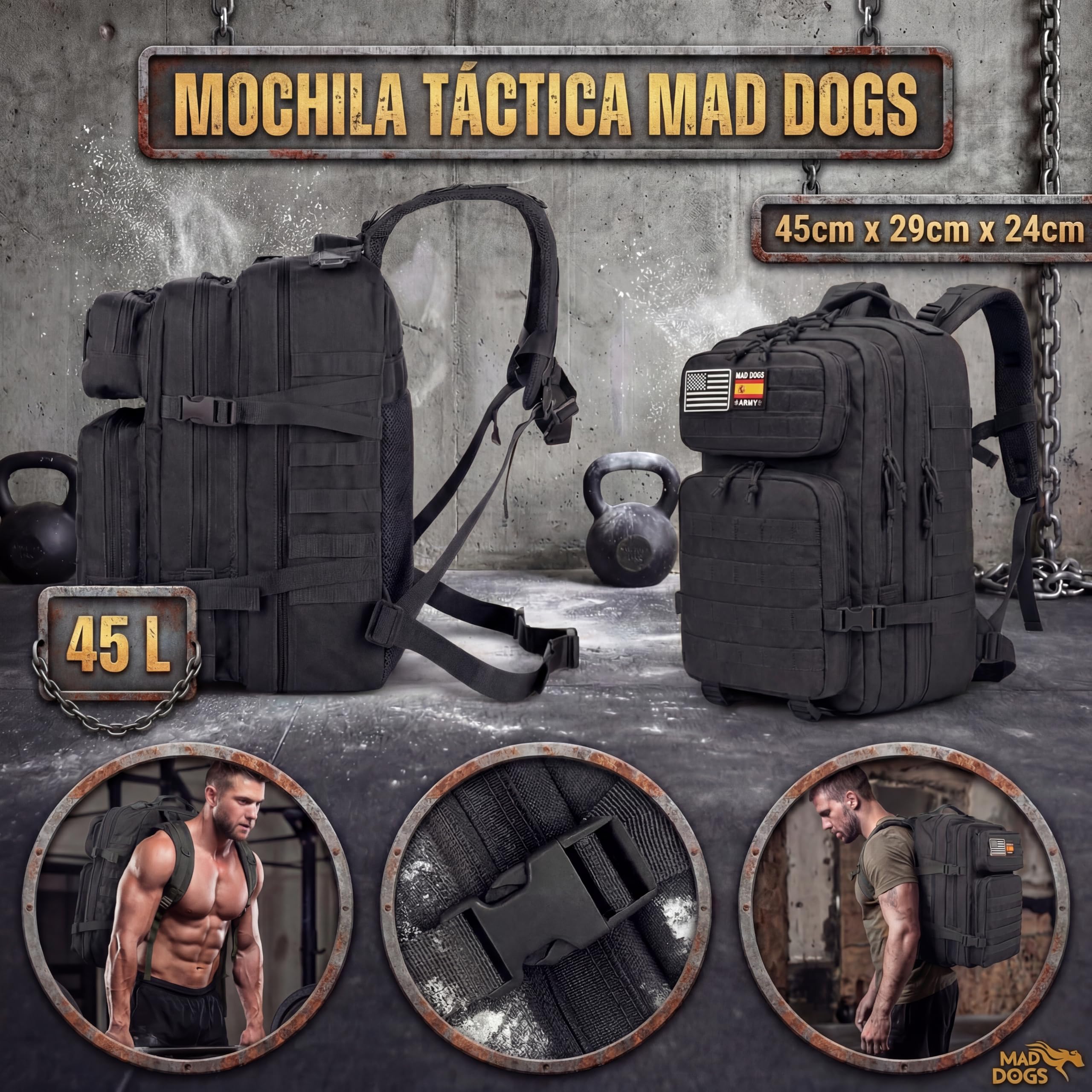 MAD DOGS Taktischer Militär-Rucksack, 45 l, wasserdicht, mit Molle-System, robust und multifunktional, für Survival, Wandern, Jagd, Airsoft, Trekking, Camping, Herren und Damen