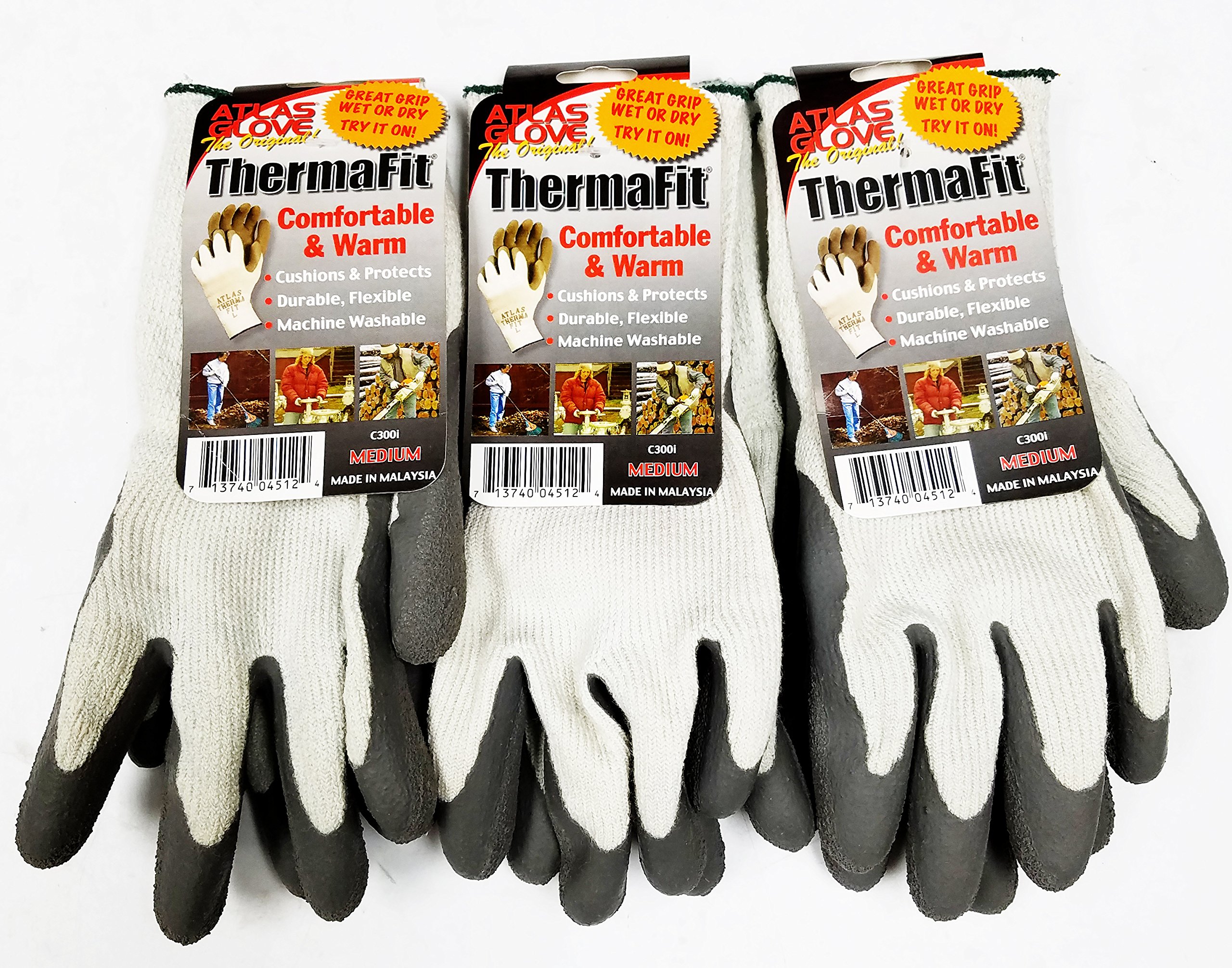 3 Pack Showa Atlas 451M-08 Natural Rubber Latex Palm on ThermaFit Winter Gloves - Medium