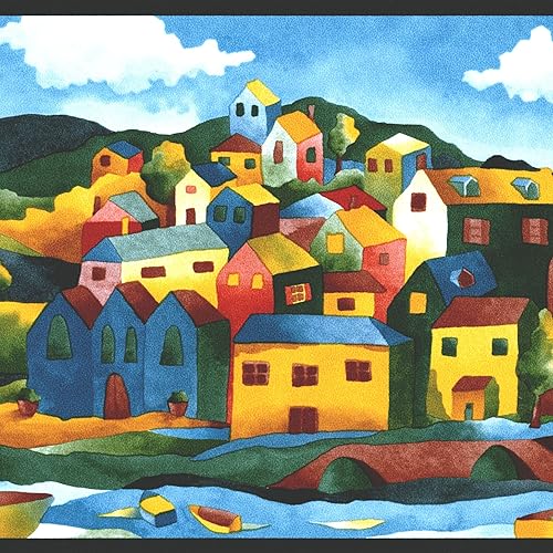 CONCORD WALLCOVERINGS Papel Pintado Patrón De Arte De Fronteras Pintura Ciudad Río Casas Cielo Nubes Para Casa De Cocina Dormitorio De Niños, Azul