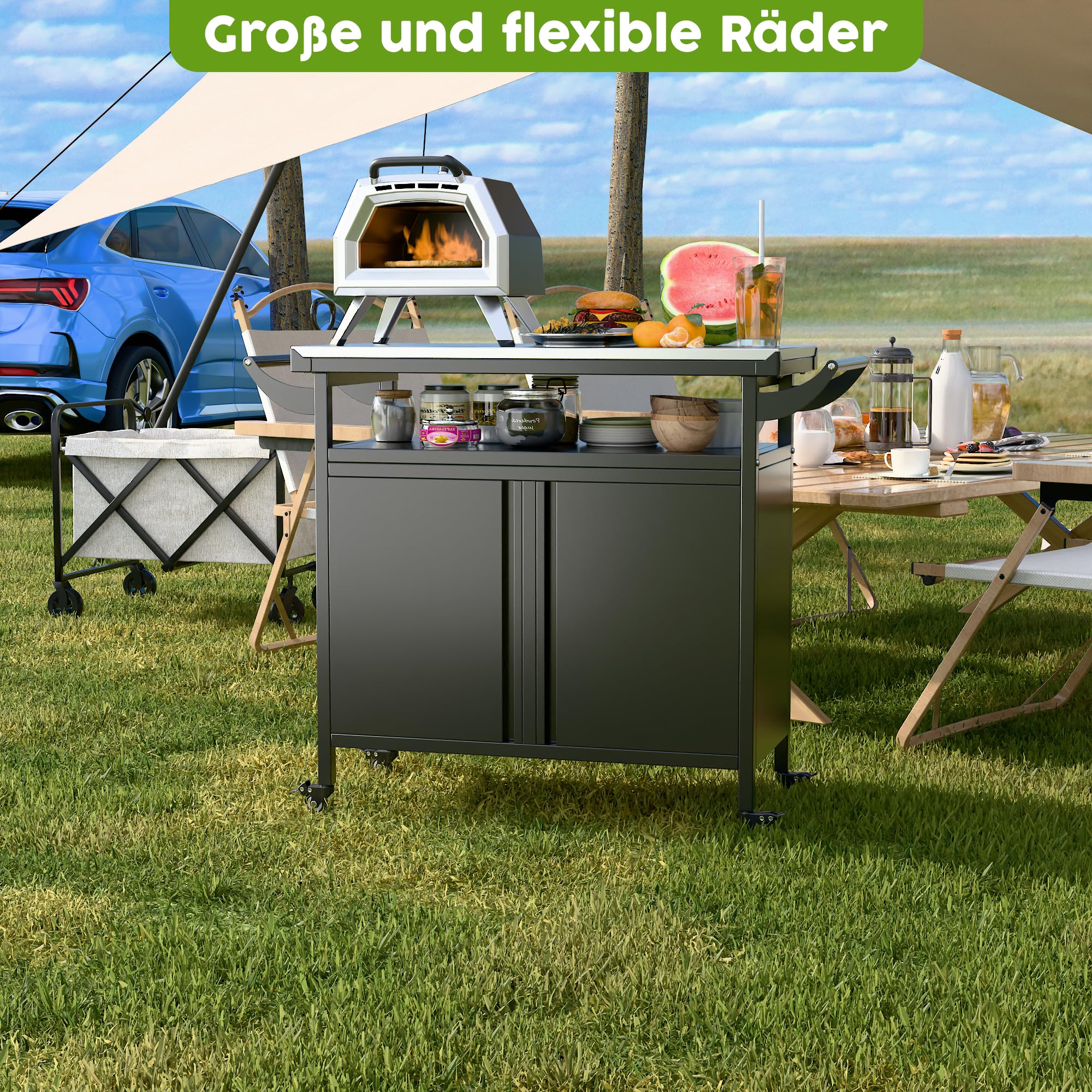 SUPEER Carro de asado, mesa de barbacoa, mesa para pizza con 4 ruedas, placa de mesa de acero inoxidable 304, carro para asar, carro de servicio para exteriores, carro de jardín al aire libre