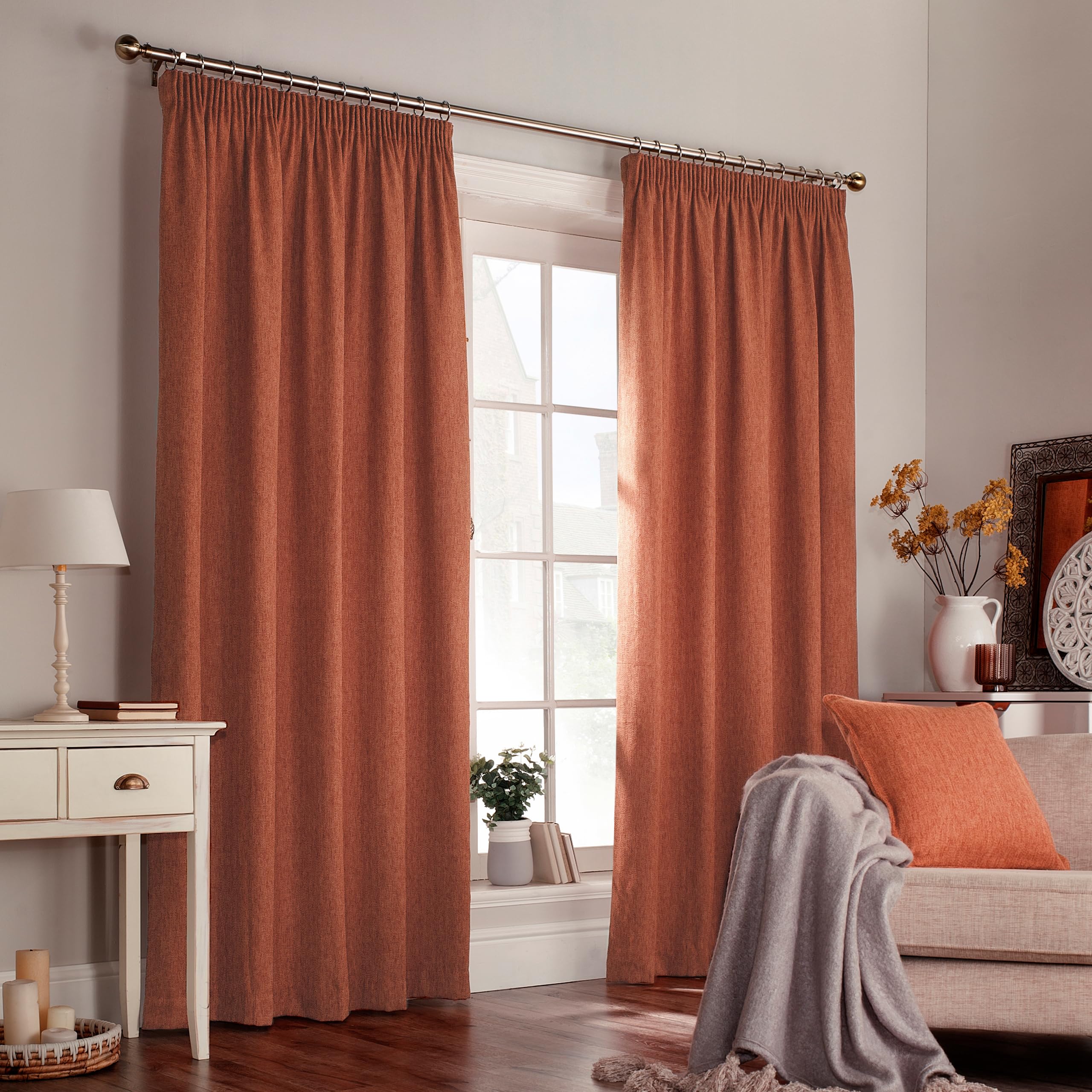 Furn Harrison Ringtop Eyelet Curtains (Pair) -Ready Made-Polyester-Burnt Orange-168cm x 137cm (66" x 54" inches), 168 x 137cm