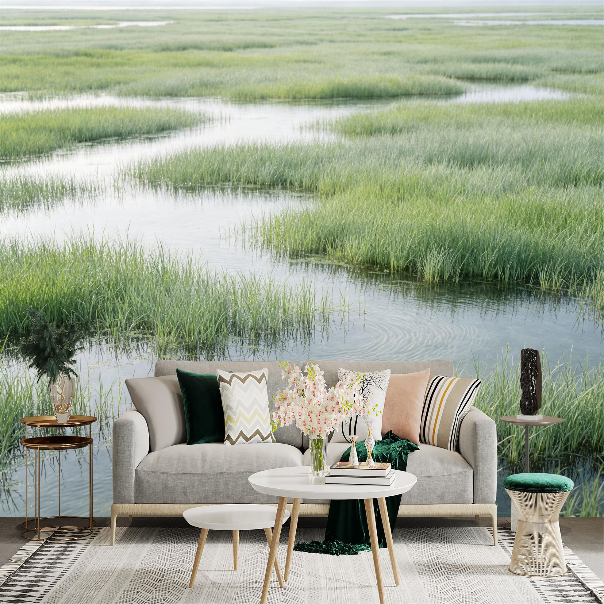Lnzczhyre Dbh260521172 Custom Size Wall Sticker Mural， Serene Wetland Landscape， Lush Green Vegetation， Calm Water Surface， Tranquil Nature Scene， For Wall Decoration， Peelandstick Wall Decals.