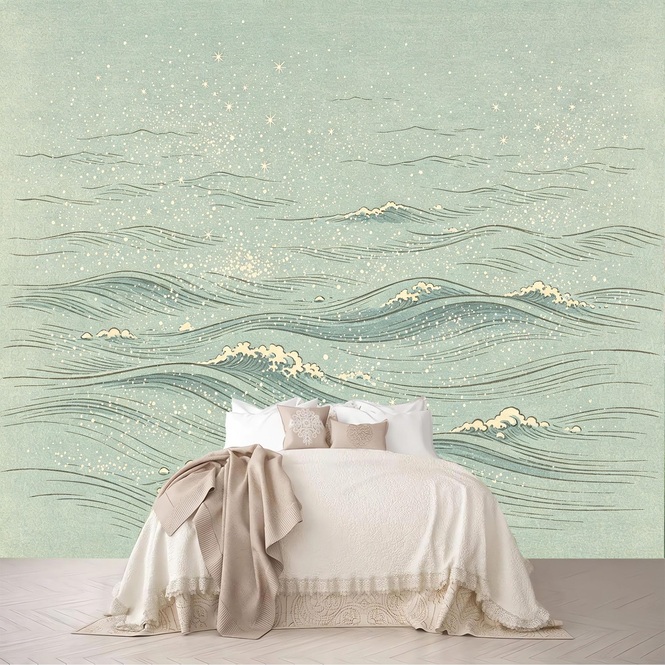 Dskjoviality Ab260706018 Custom Size Wall Mural Minimal Ukiyo-E Sea Wave Starry Water Print Wallpaper Removable Self Adhesive Peel And Stick Wallpaper For Bedroom Living Room