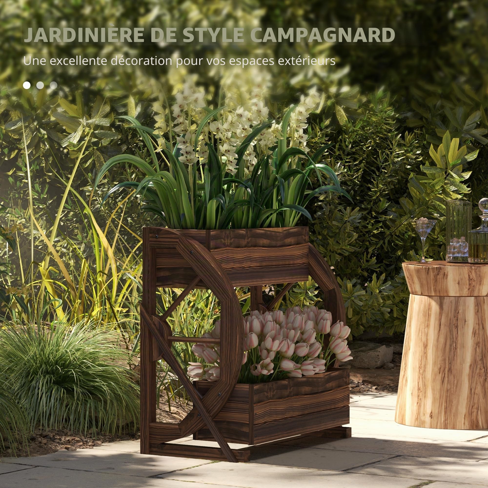 Outsunny Jardinière en Bois à 2 Niveaux pour l'extérieur, Potager surélevé avec 2 Pots et Roues de Chariot de Style campagnard, 55x32x56cm
