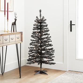 National Tree Company 4 ft Pre-Lit Black Tinsel Mini Artificial Christmas Tree, 70 Clear Lights, 110 Tips, Includes Stand