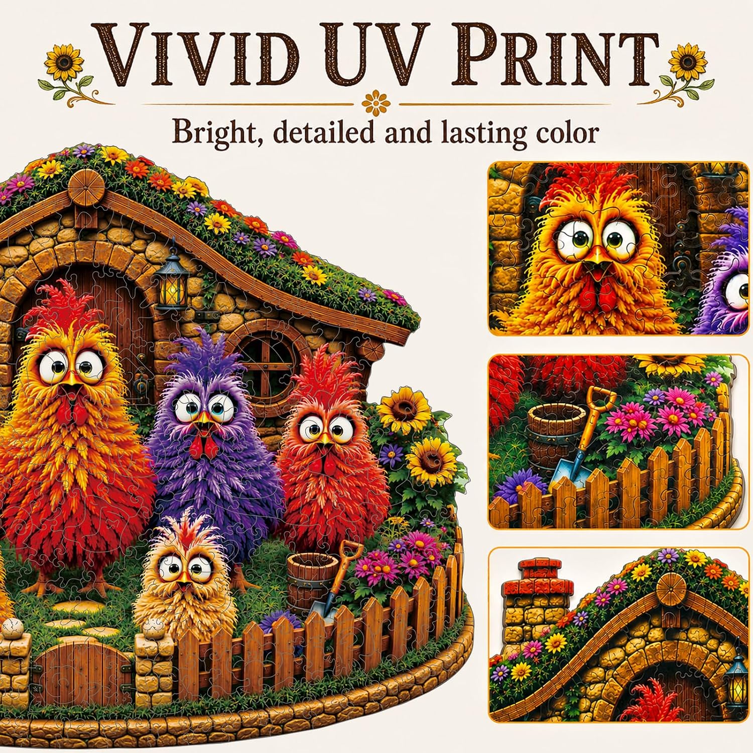 Wooden Puzzles for Adults, Colorful Chicken Wooden Jigsaw Puzzle 200 Pieces, Unique Irregular Shaped Wood Puzzles Adult, Birthday Gifts for Puzzle Lovers Family Game image 2