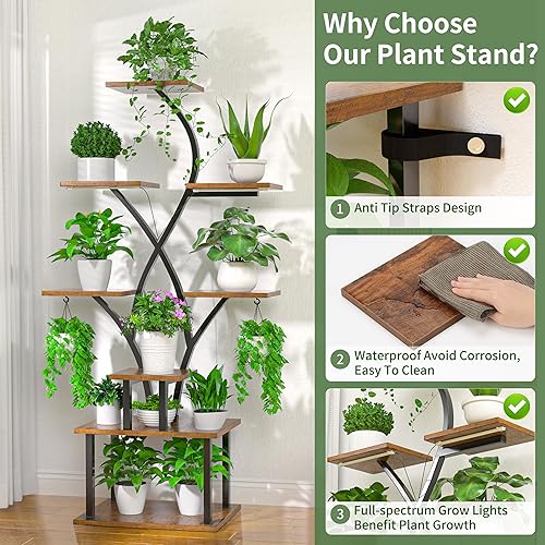 Miniatura 5 de Soporte para plantas de interior con luz de crecimiento, estante de metal de 8 niveles de 48 pulgadas de alto, organizador de plantas grande,