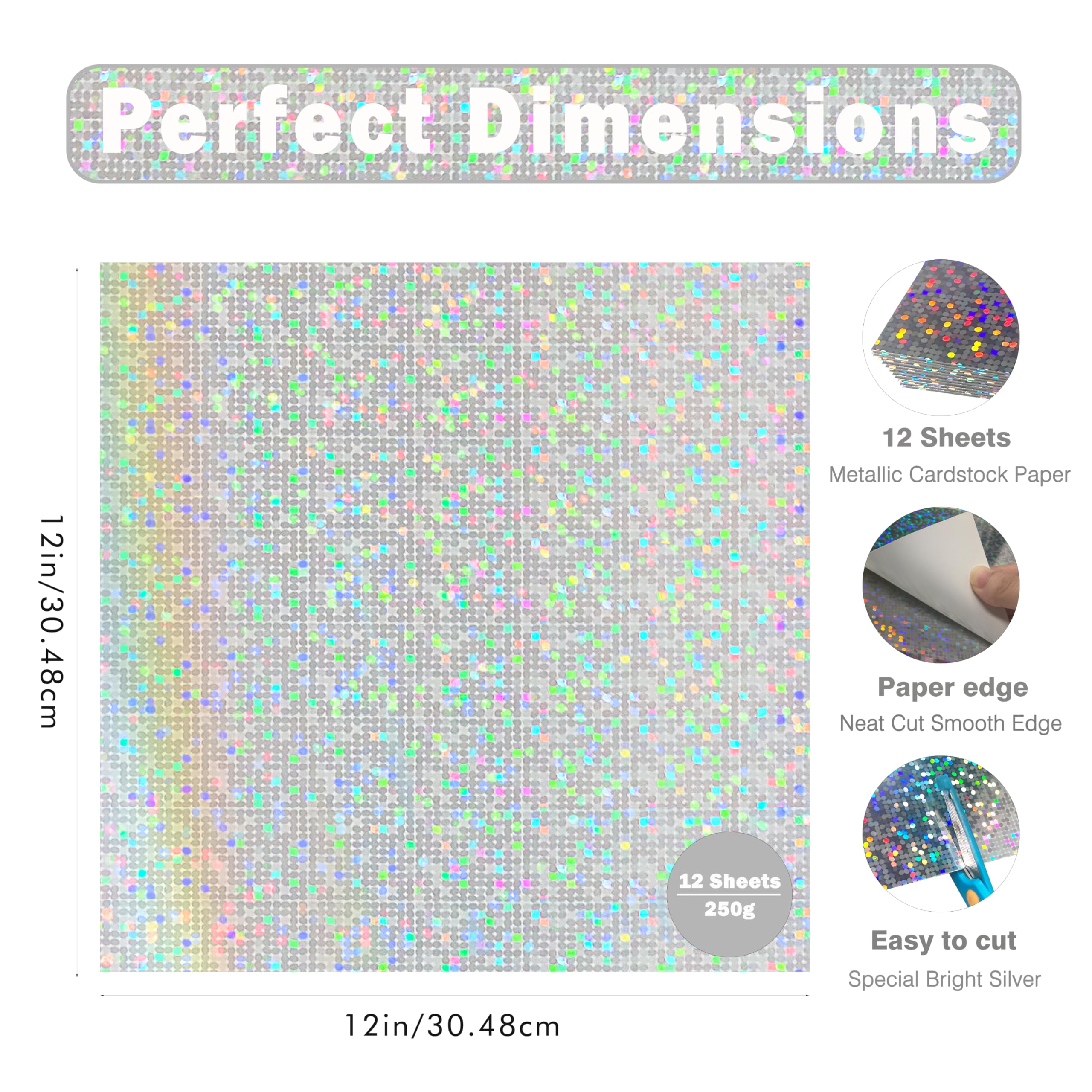Cartulina holográfica plateada brillante de 12 x 12 pulgadas, papel de espejo iridiscente de 90 libras/250 g/m² para álbumes de recortes, tarjetas, invitaciones de boda y cumpleaños