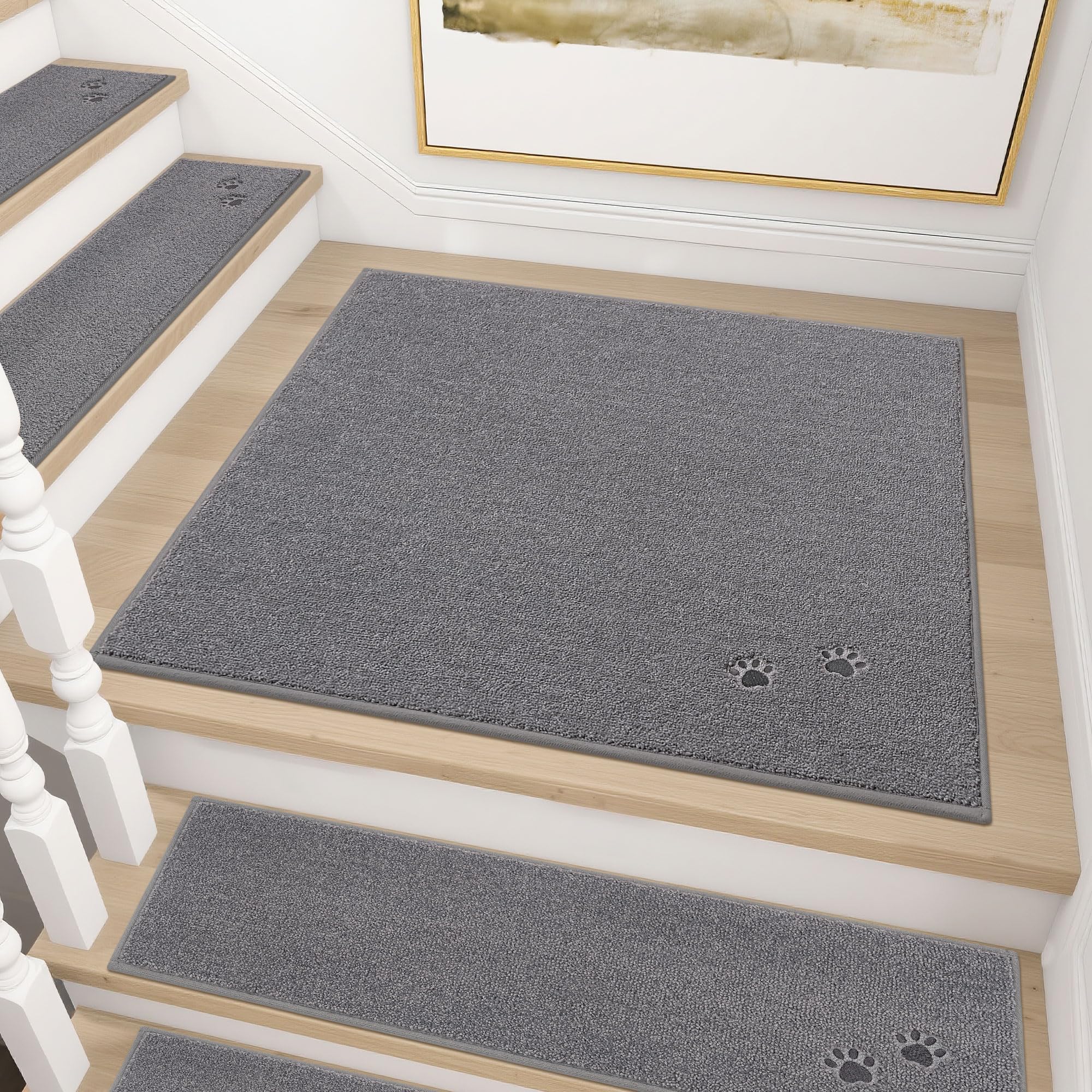 BEQHAUSE 76 x 76cm Stair Treads, Staircase Corner Mats for Indoor Stairs, Non-slip Stair Carpet Treads, Washable 100% Polyester Carpet Staircase Mat for Kids Elders Dogs, 1pcs,Grey (Grey, 76 * 76cm)