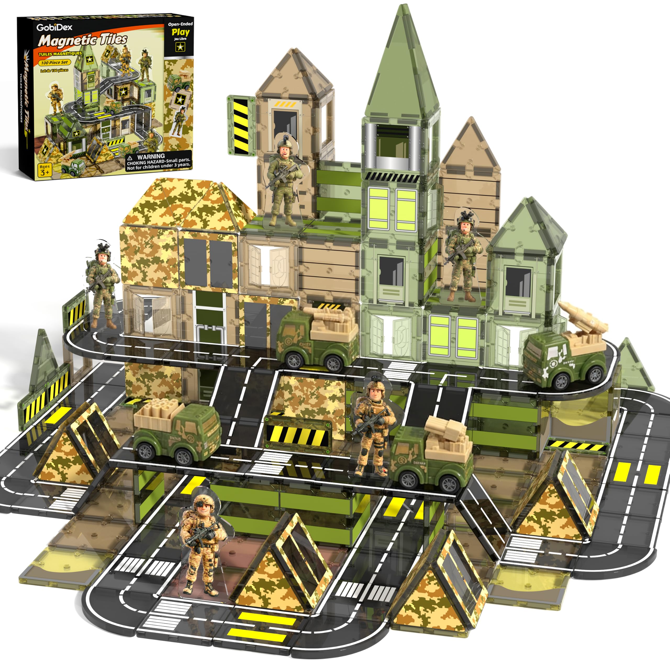100PCS Magnetic Tiles with 4 Army Men & Trucks, Magnetic Blocks for Kids 3+