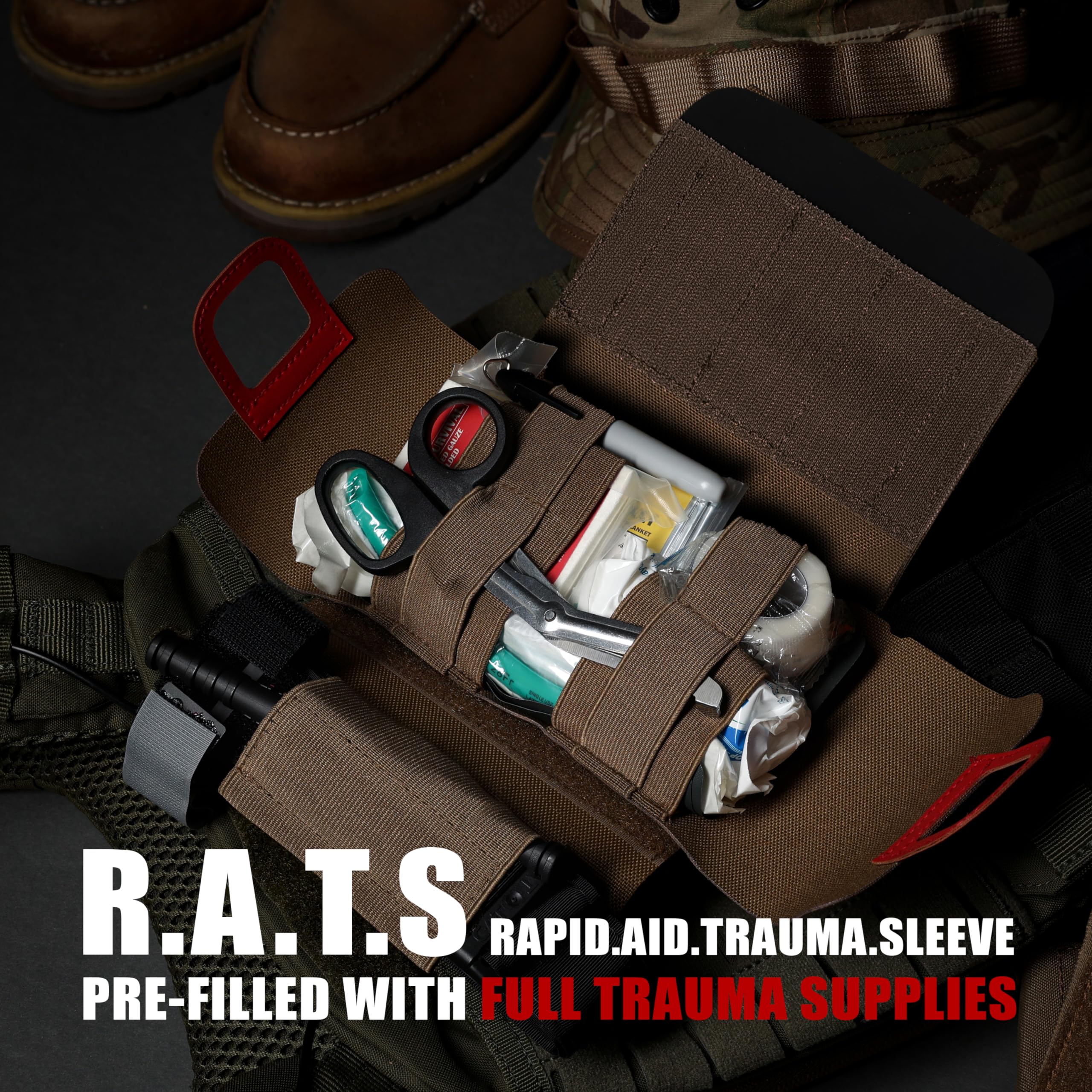 EVERLIT Rapid Aid Trauma Sleeve (RATS) EDC Kit de trauma CAT GEN-7 Torniquete QuikClot Combat Gauze, táctica militar IFAK para control de sangrado (negro)