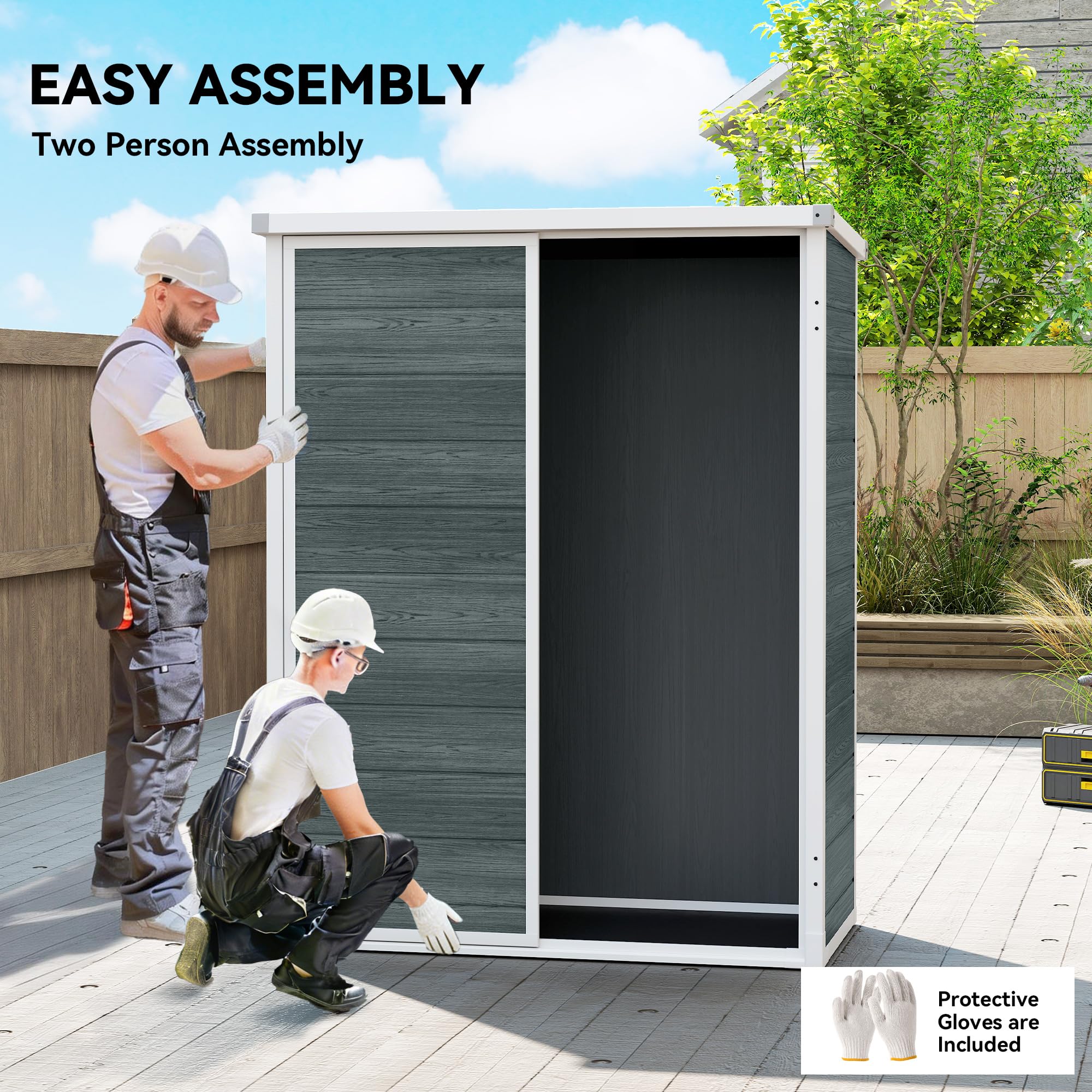 Outsunny 4.4' x 2.3' Plastic Garden Shed, Wood-Effect Outdoor Storage Shed with Floor, 2 Foldable Shelves and Lockable Double Doors for Backyard, Patio, Distressed Grey — view 6