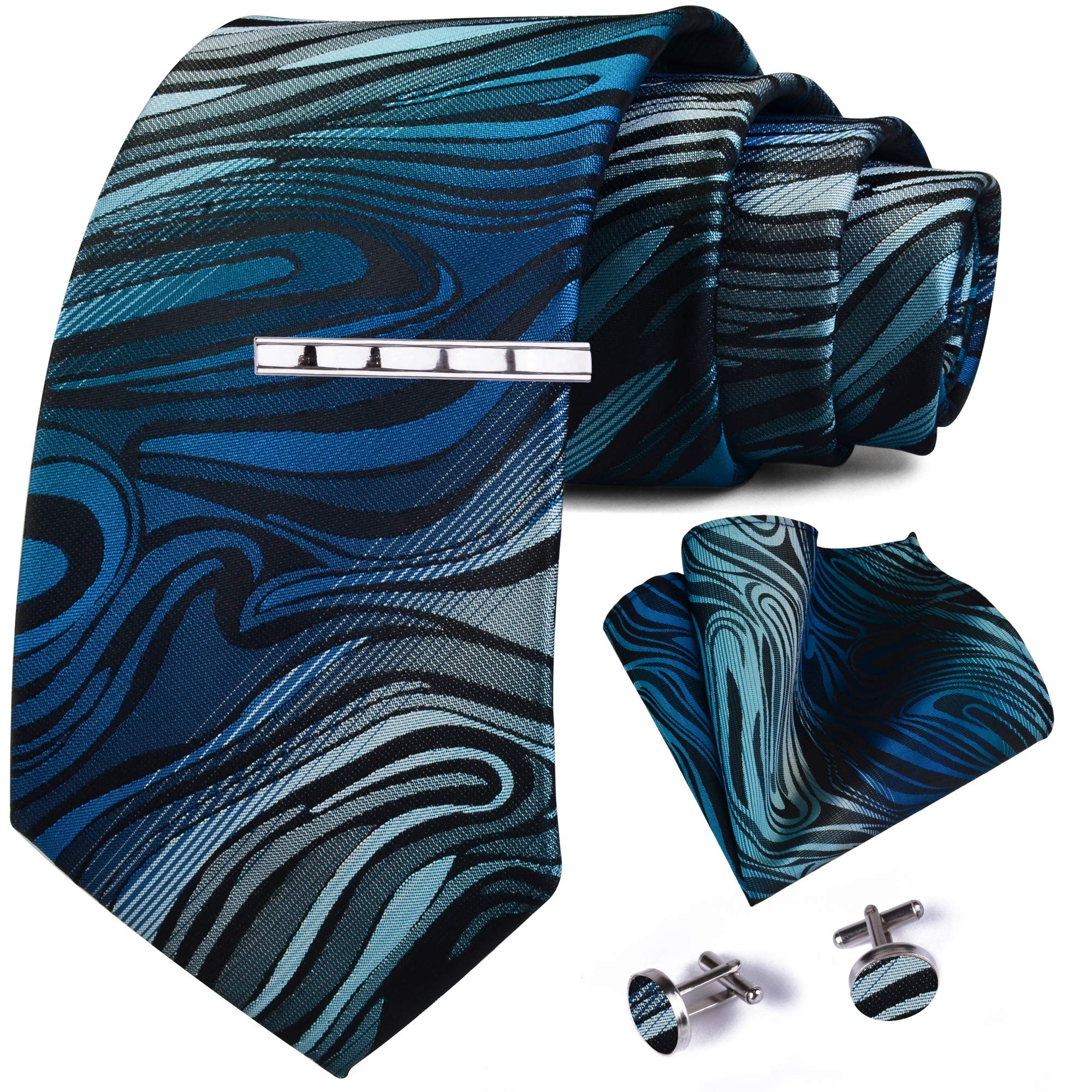 GUSLESON 3.15"(8cm) Men's Tie Fashion Necktie Clip and Pocket Square Cufflinks Sets