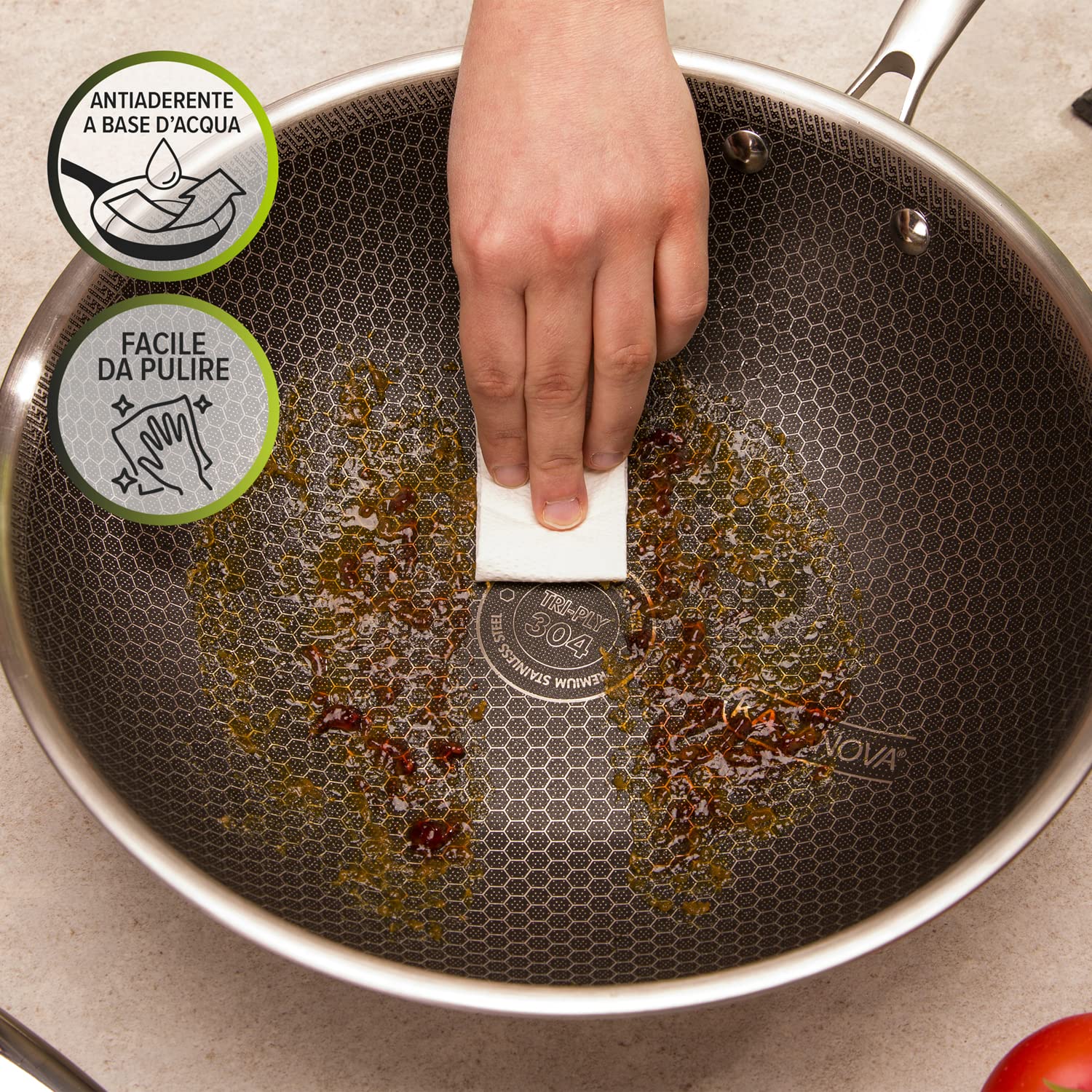 KASANOVA Wok antiaderente con rivestimento nido d'ape 28 cm Tri-ply, con coperchio in vetro