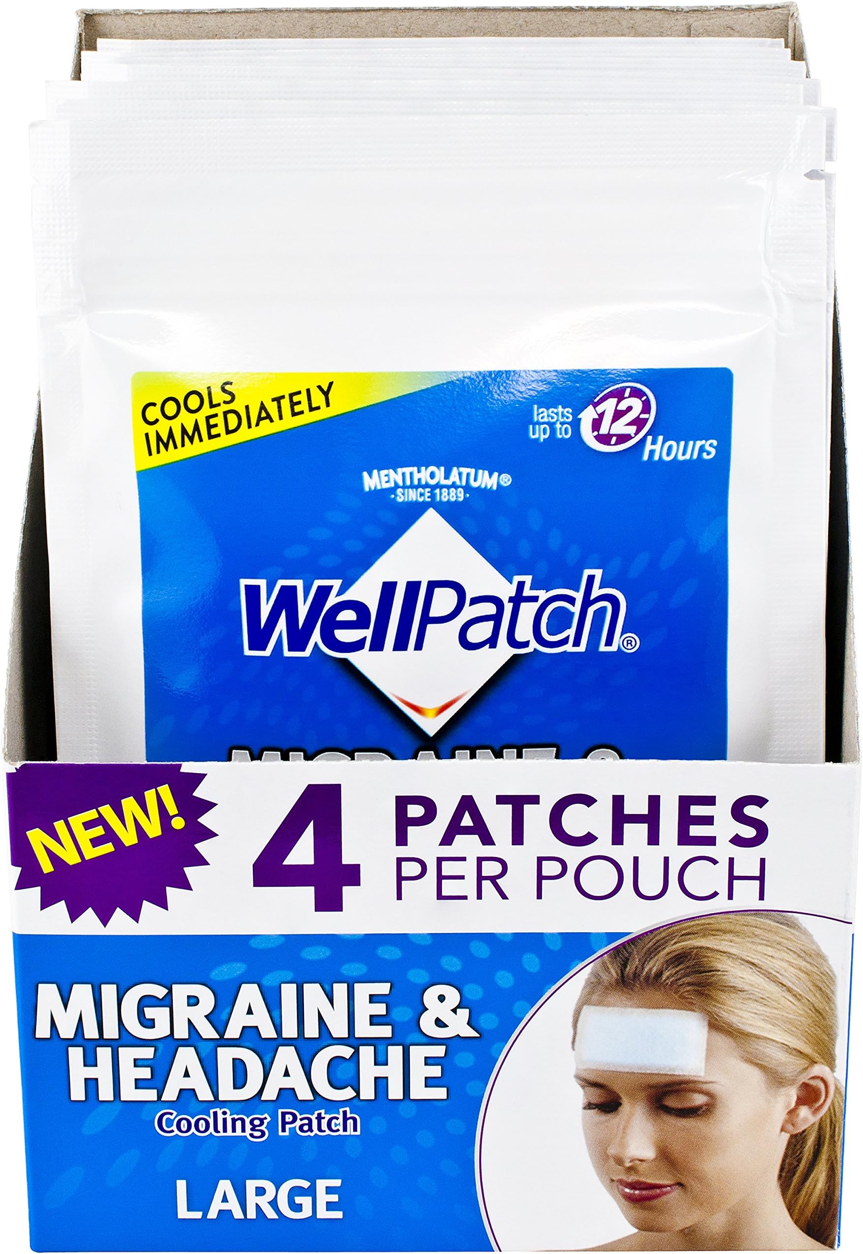 WellPatch Migraine & Headache Cooling Patch - Drug Free, Lasts Up to 12 hours, Safe to Use with Medication - Large Patches (4 Packs of 4 Patches), Each 4.3 x 2 in