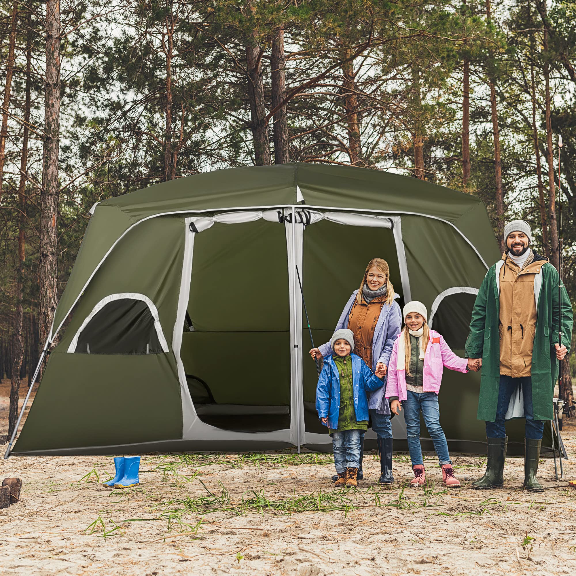 Outsunny Tienda de Campaña Familiar para 4-8 Personas con 2 Dormitorios Tienda de Camping Grande con 2 Bolsillos y Ventanas con Malla Impermeable 400x275x210 cm