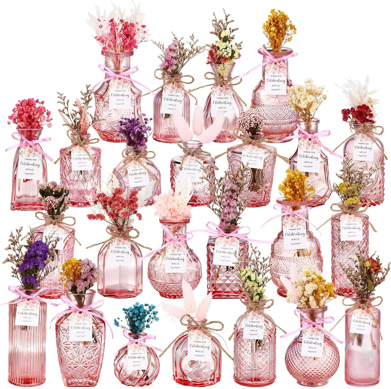 24 Set Wildflowers Table Centerpiece with Pink Bud Vases Thank You Cards Pink Vintage Glass Vases Spring Colorful Wildflower Centerpieces for Wedding Baby Shower Table Centerpieces Party Decoration