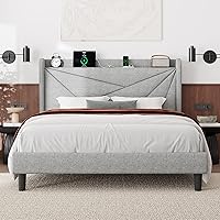 Vista 13 de Feonase Base de cama de tamaño individual con estación de carga, base de cama tapizada de lino con cabecera con respaldo de ala, soporte de listones