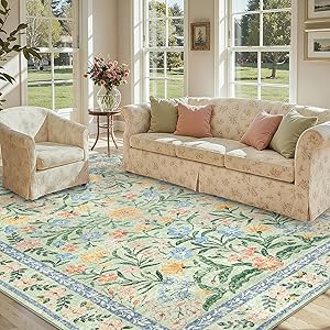 Lahome Sylvie Boho Light Green Large Area Rugs for Bedroom 9x12, Floral Washable Rugs Living Room, Soft Non-Slip Thin Rug for Nursery Kids Playroom Tween Girls Home, Tea Green