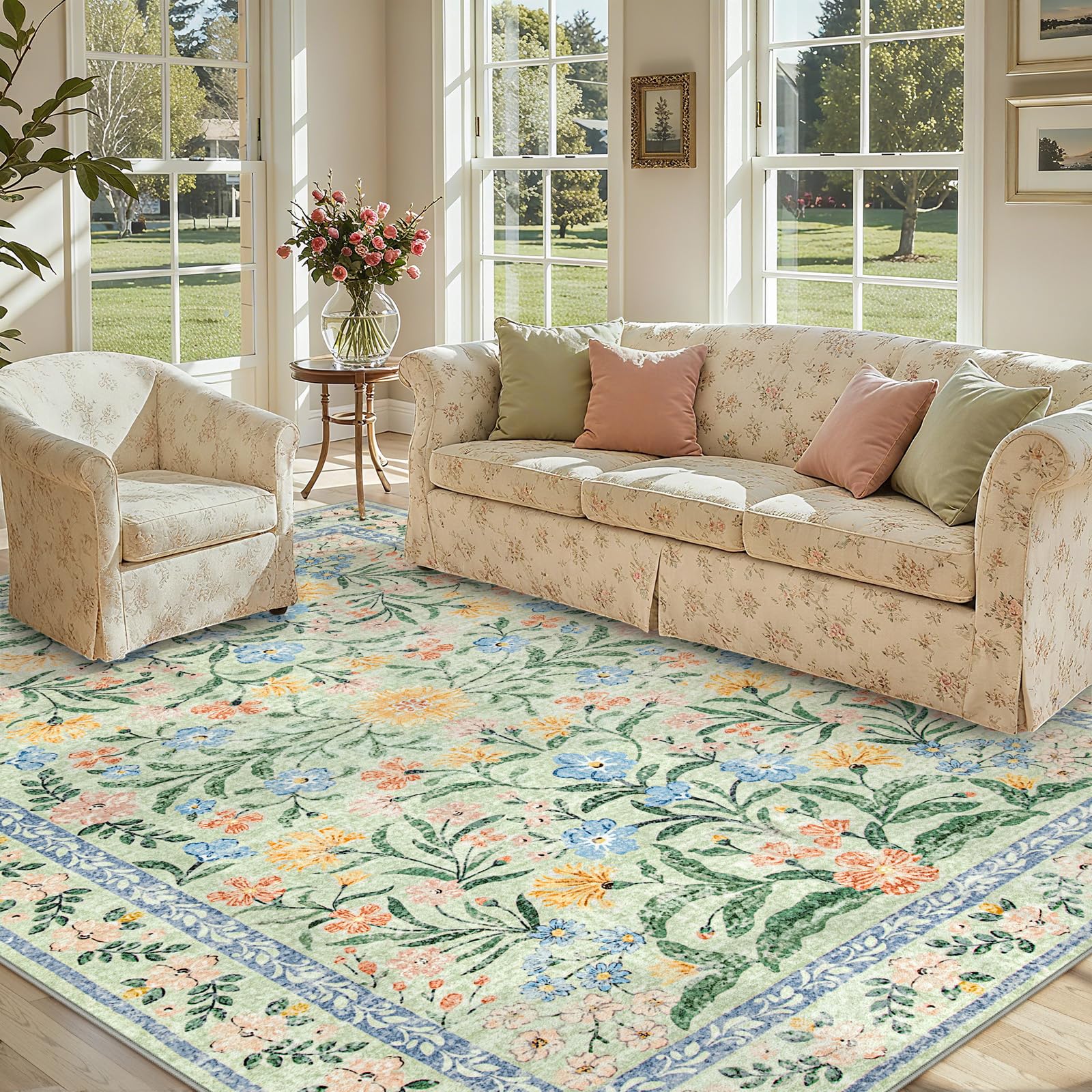 Lahome Machine Washable Area Rugs 8x10 Non Slip, Soft Boho Living Room Rugs, Ultra-Thin Vintage Distressed Throw Carpet for Home Office Dinning Room Kids Playroom, Green/Multi 8' x 10' (Rect