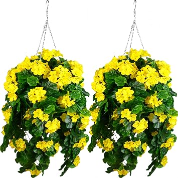 Fake Hanging Plants with Yellow Geranium Flowers-31in Fake Hanging Plant UV Resistant Plastic Plants for Bedroom Living Room Garden Decor- Including Hanging Planters