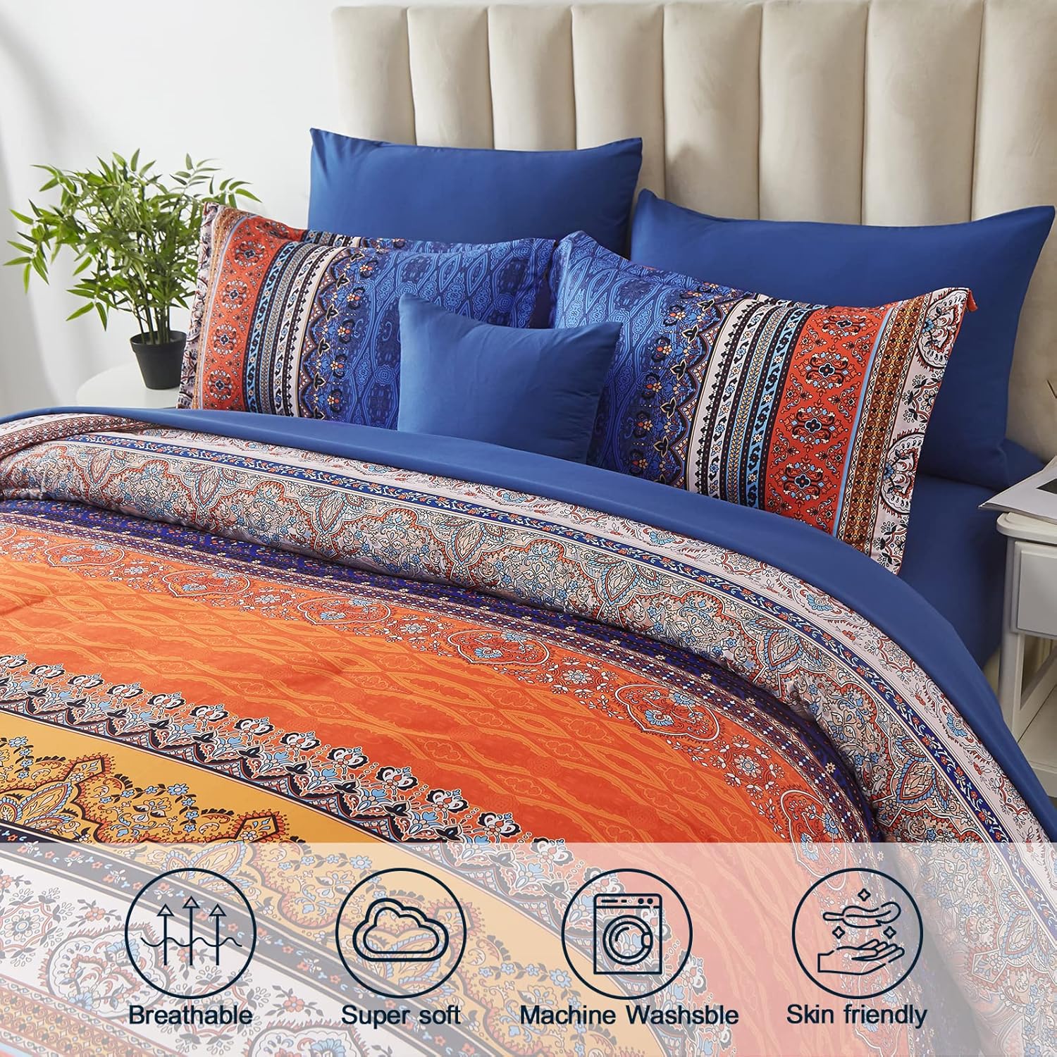 Cottolester Boho Comforter Set Queen Size 8 Piece Bed in a Bag Burnt Orange Paisley Fall Comforter and Sheet Set Bohemian Striped Bedding Set,Soft Microfiber Complete Bedding Set - Image 3