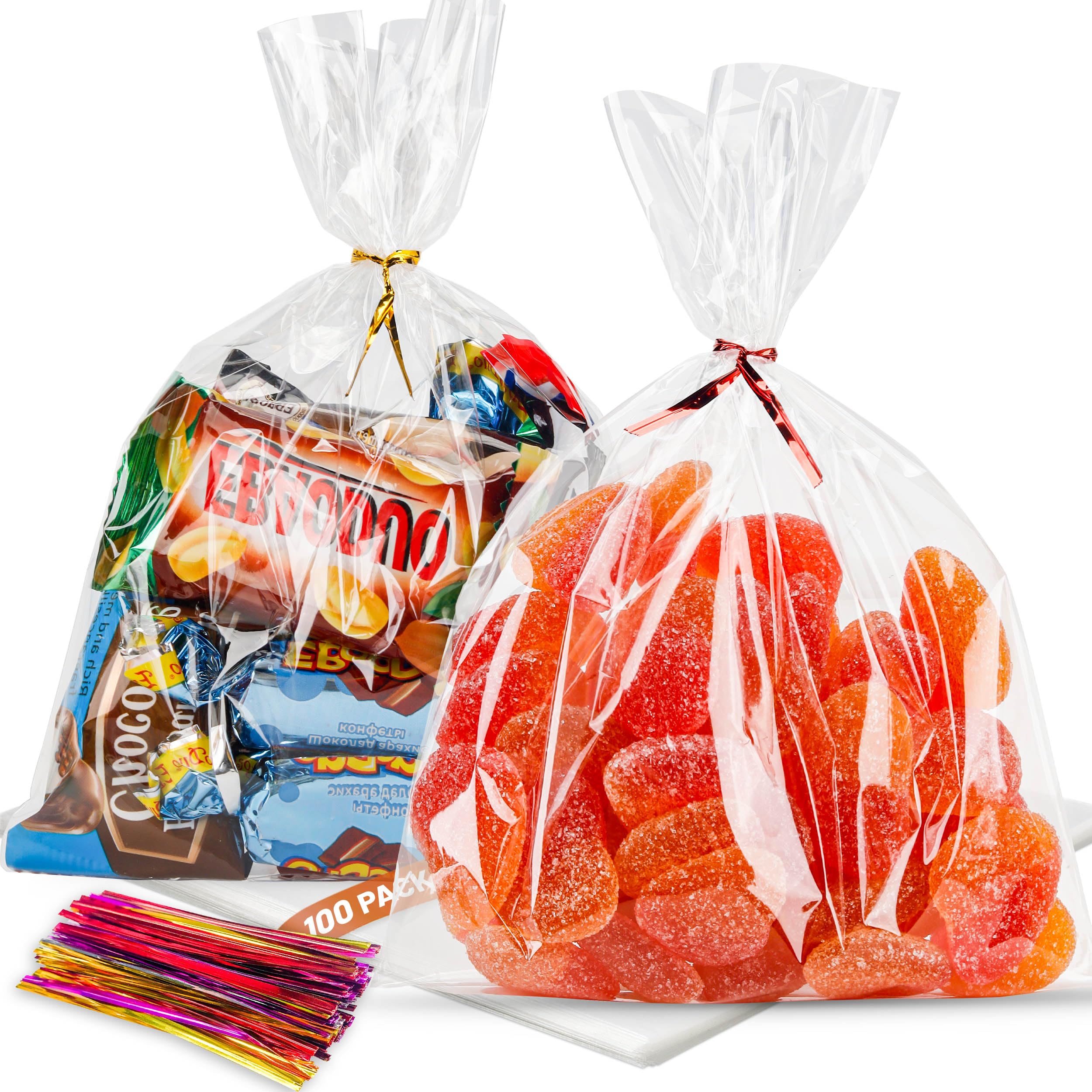 NPLUX 100 Pack Cellophane Bags Small Plastic Cookie Bag Clear Treat Bags with Twist Ties for Small Gift Party Favors Bakery