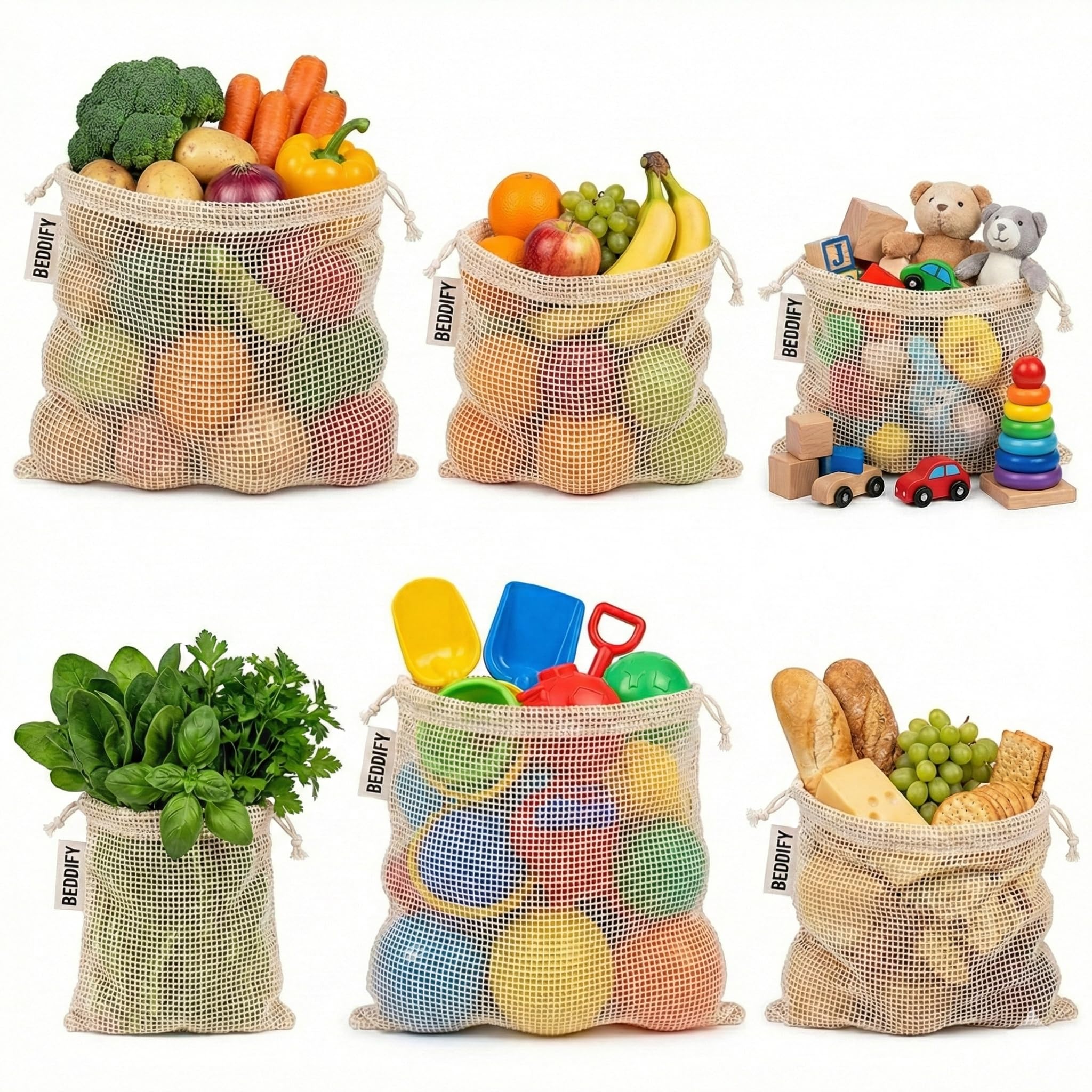 - Beddify 100% Cotton Set of 6 Reusable Fridge Storage Bags for Vegetables Fruits Garland and Toys Cotton Net Bags Non-Toxic Eco-Friendly Dual Support Pull String Pouch
