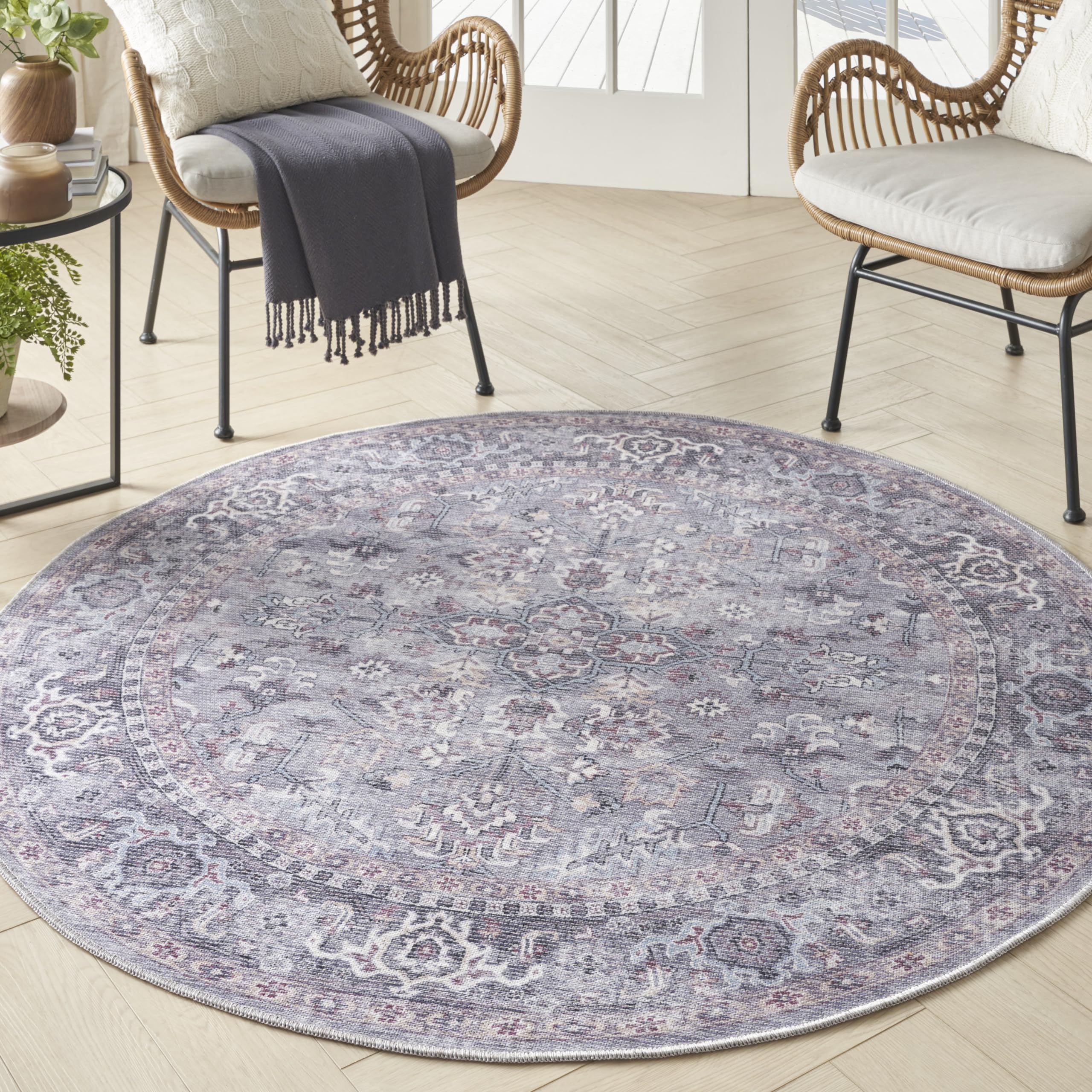 Nicole Curtis Machine Washable Series 1 Vintage Grey 5'3" x Round Area Rug, Easy Cleaning, Non Shedding, Bed Room, Living Room, Dining Room, Kitchen (5 Round)