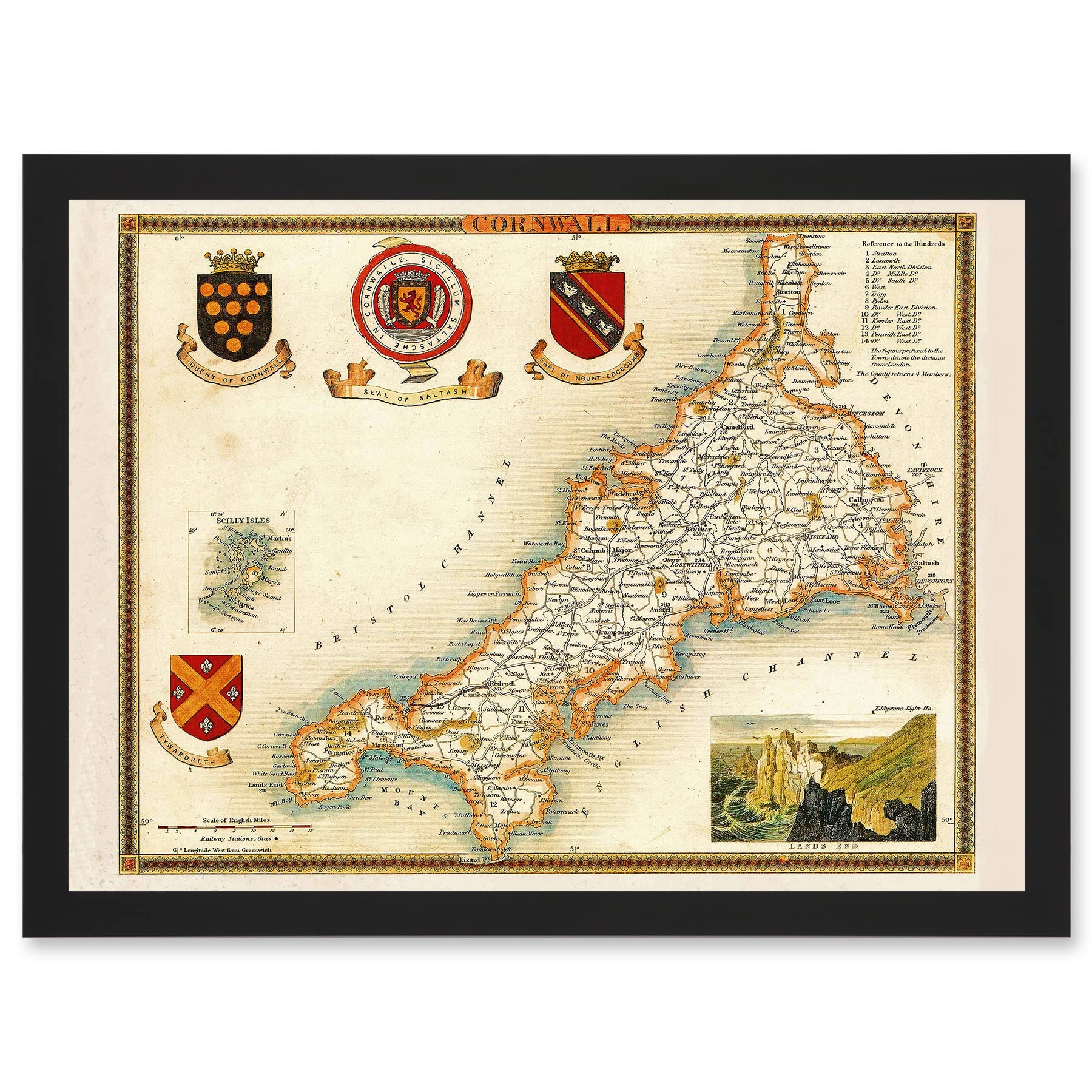 Artery8 Map Antique Moule 1850 Cornwall County England UK Artwork Framed Wall Art Print A4