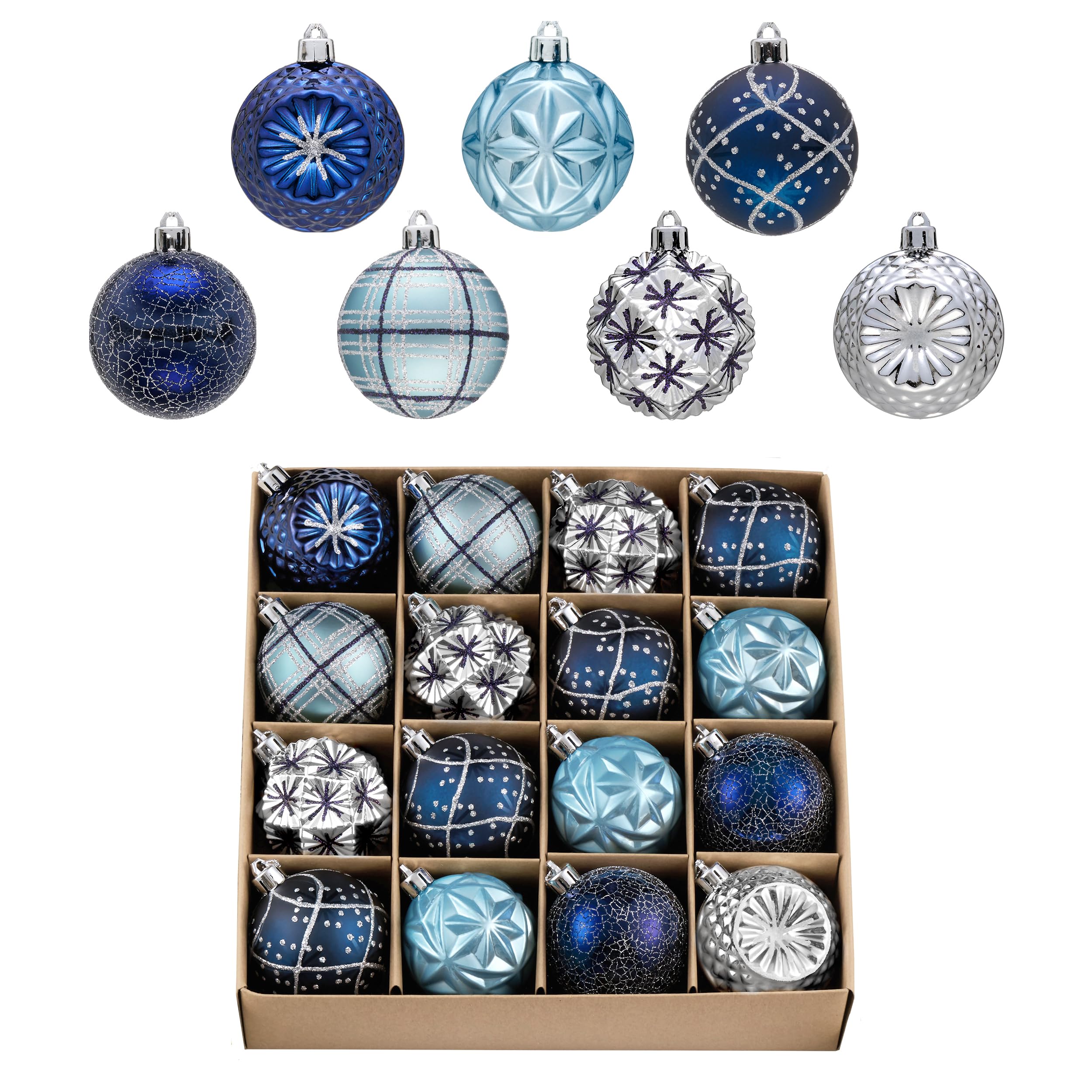 Lot de 16 décorations incassables pour sapin de Noël : ornements argent et bleu Valery Madelyn