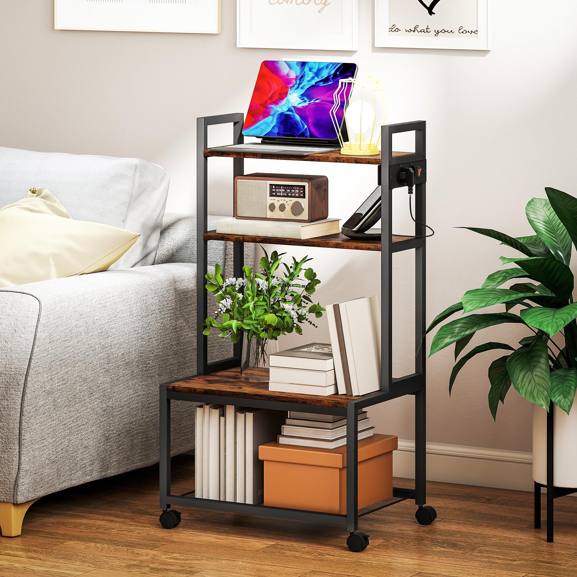 HOMCOM Soporte para Impresora con Estación de Carga Mueble para Impresora de 4 Niveles con Ruedas y Marco Metálico para Oficina Casa Escuela Marrón Rústico