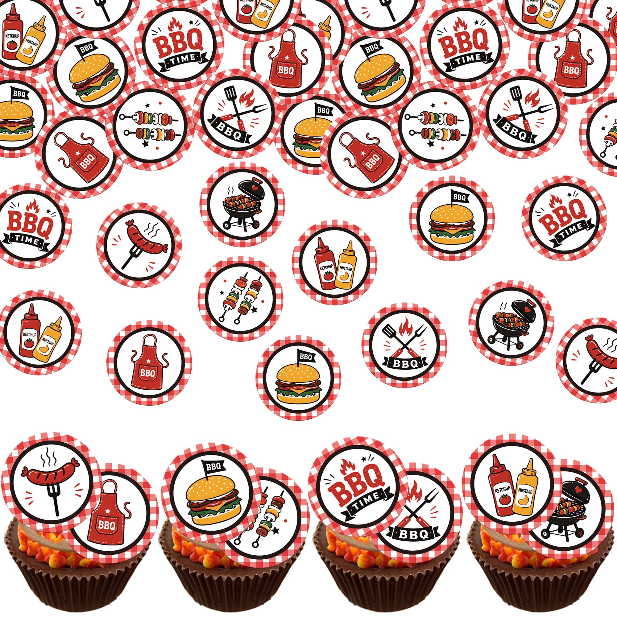 Xsstarmi 64 Pack Edible Barbecue Cupcake Toppers Rice Paper Cookout Cupcake Picks BBQ Birthday Decorations for BBQ Decorations Outdoor Party Baby Shower Birthday Party Supplies