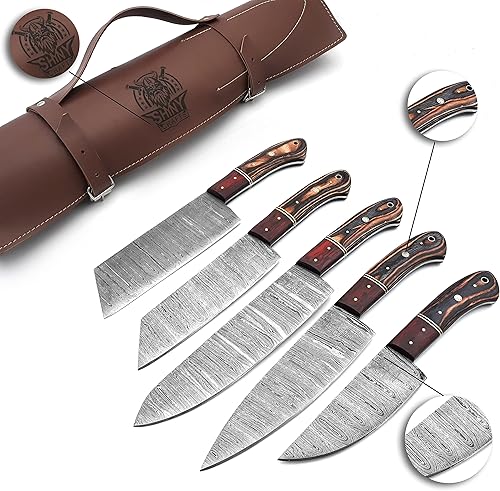 SHINY CRAFTS Juego de cuchillos de cocina hechos a mano de Damasco con mango de madera y hoja de acero de Damasco, cuchillos de chef con rollo de