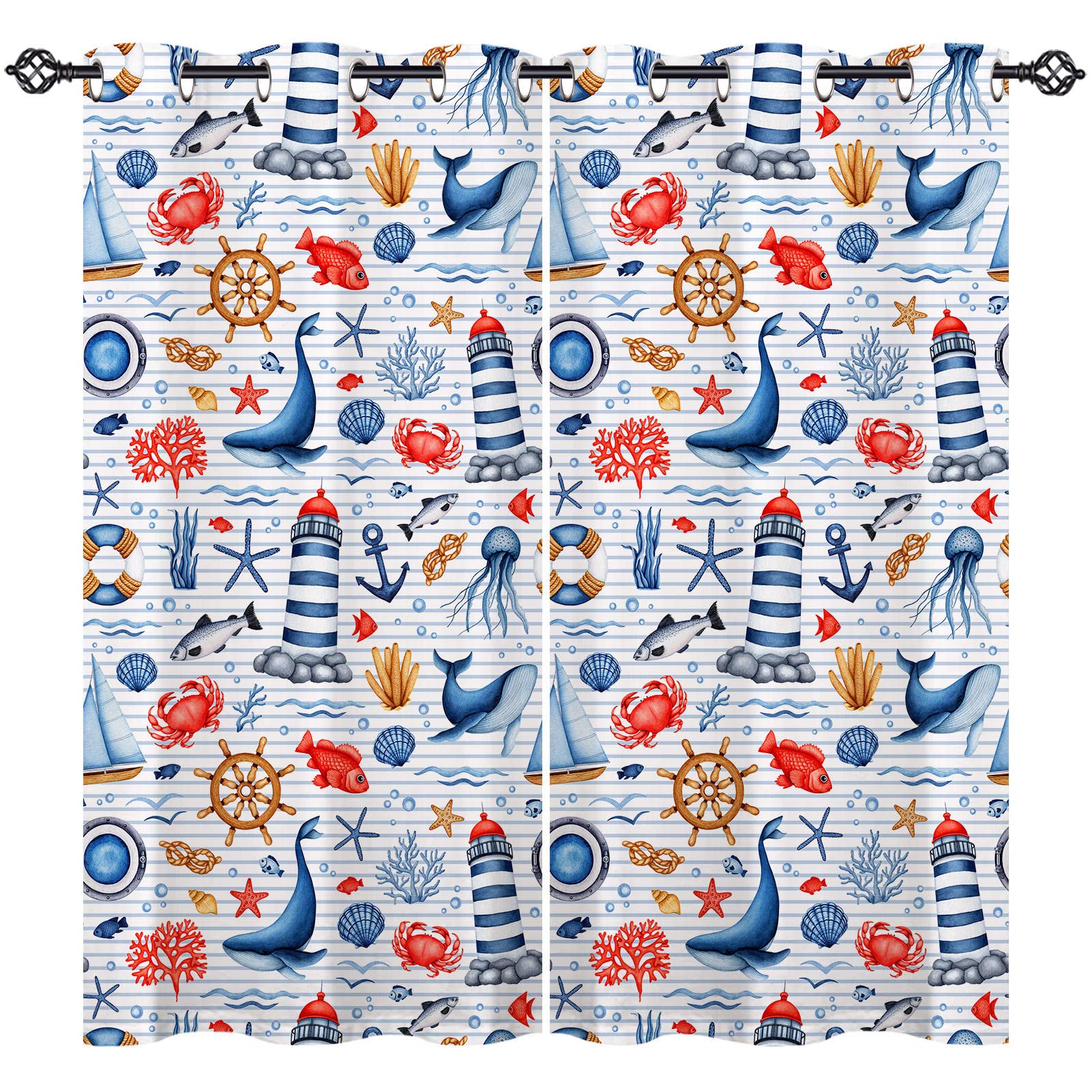 ANHOPE Nautical Curtains Eyelet 80% Blackout Room Darkening Curtains with Lighthouse Sailboat Anchor Whale Print Pattern Light Blocking Window Drapes for Bedroom Living Room 66 x 54 Inch Drop 2 Panels