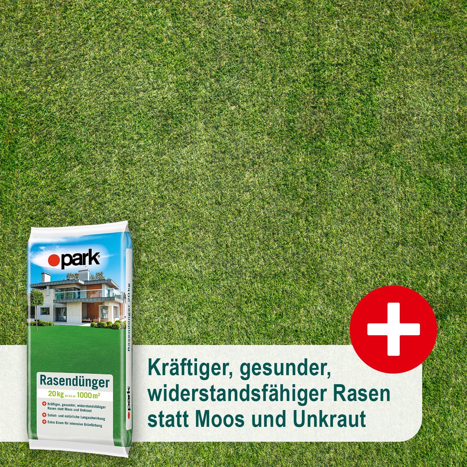Park Rasendünger 20kg für bis zu 1000m², sorgt für einen gesunden, tiefgrünen und widerstandsfähigen Rasen statt Moos und Unkraut
