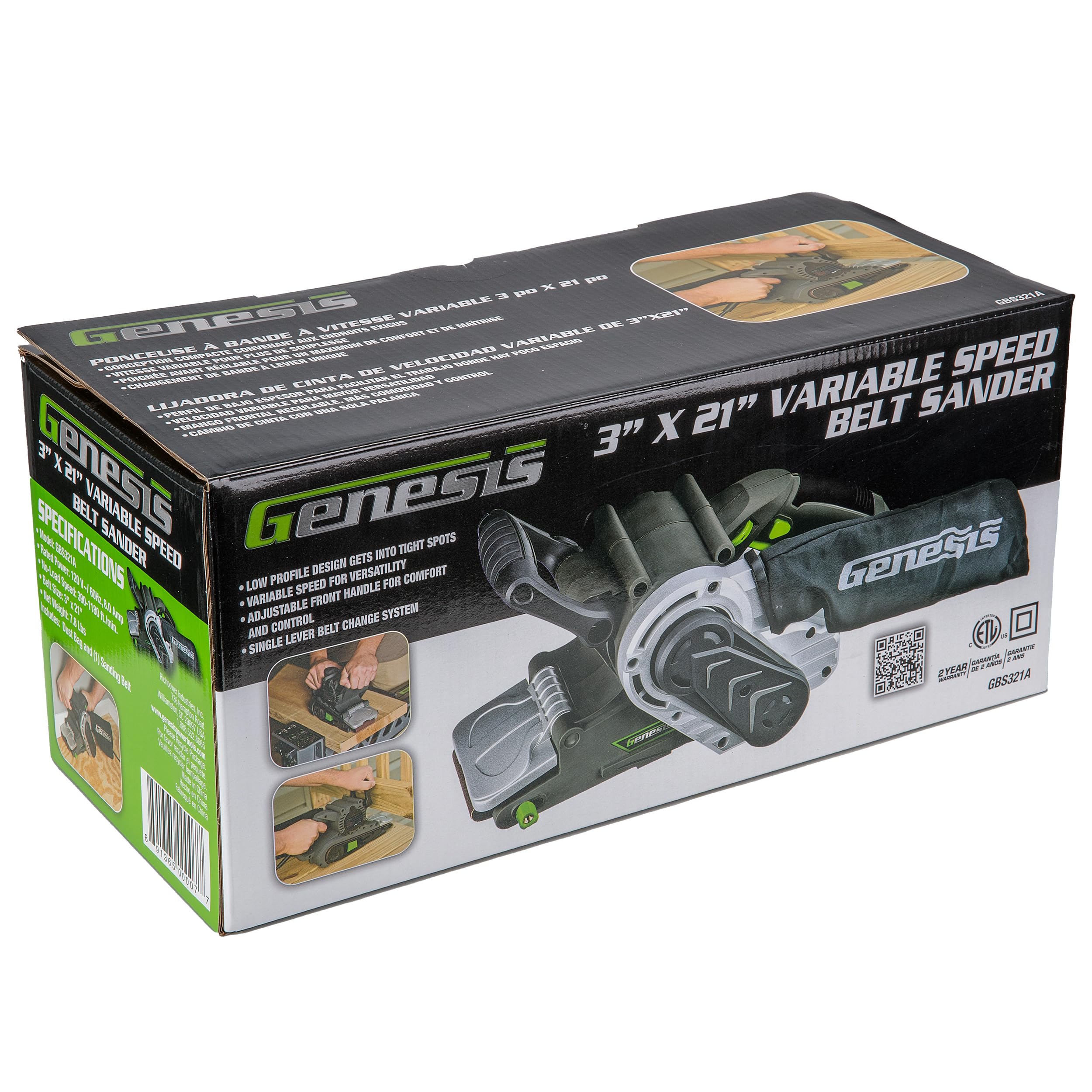 Genesis GBS321A Lijadora de banda de velocidad variable de 3 x 21 pulgadas con bolsa de polvo de tela, gris