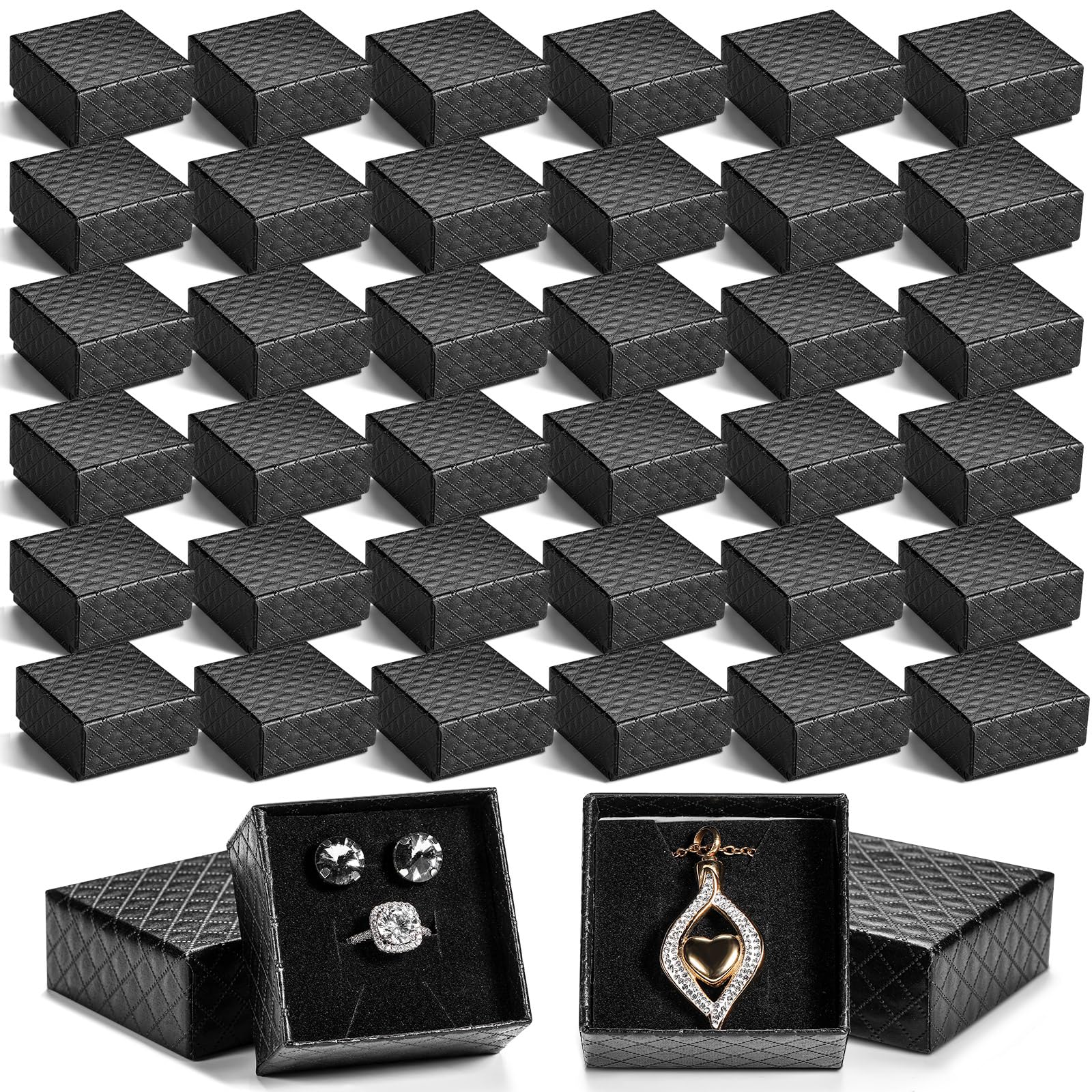 Landical 100 Pcs Jewelry Ring Gift Box 2'' x 2'' x 1'' Cardboard Earring Ring Boxes Small Black Gift Box with Velvet and Sponge Liner Pendant Case Bulk for Necklace Bracelet Earring Display Wedding